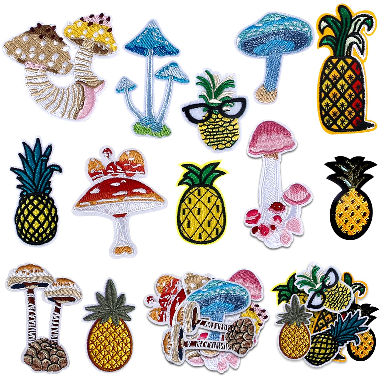 Iron on Patches for Clothing 12 PCS Embroidery Applique Patches Mushroom Pineapple Sew on Patch Set Cute Fabric Repair Patches for Kids Jackets Jeans Hats Backpacks