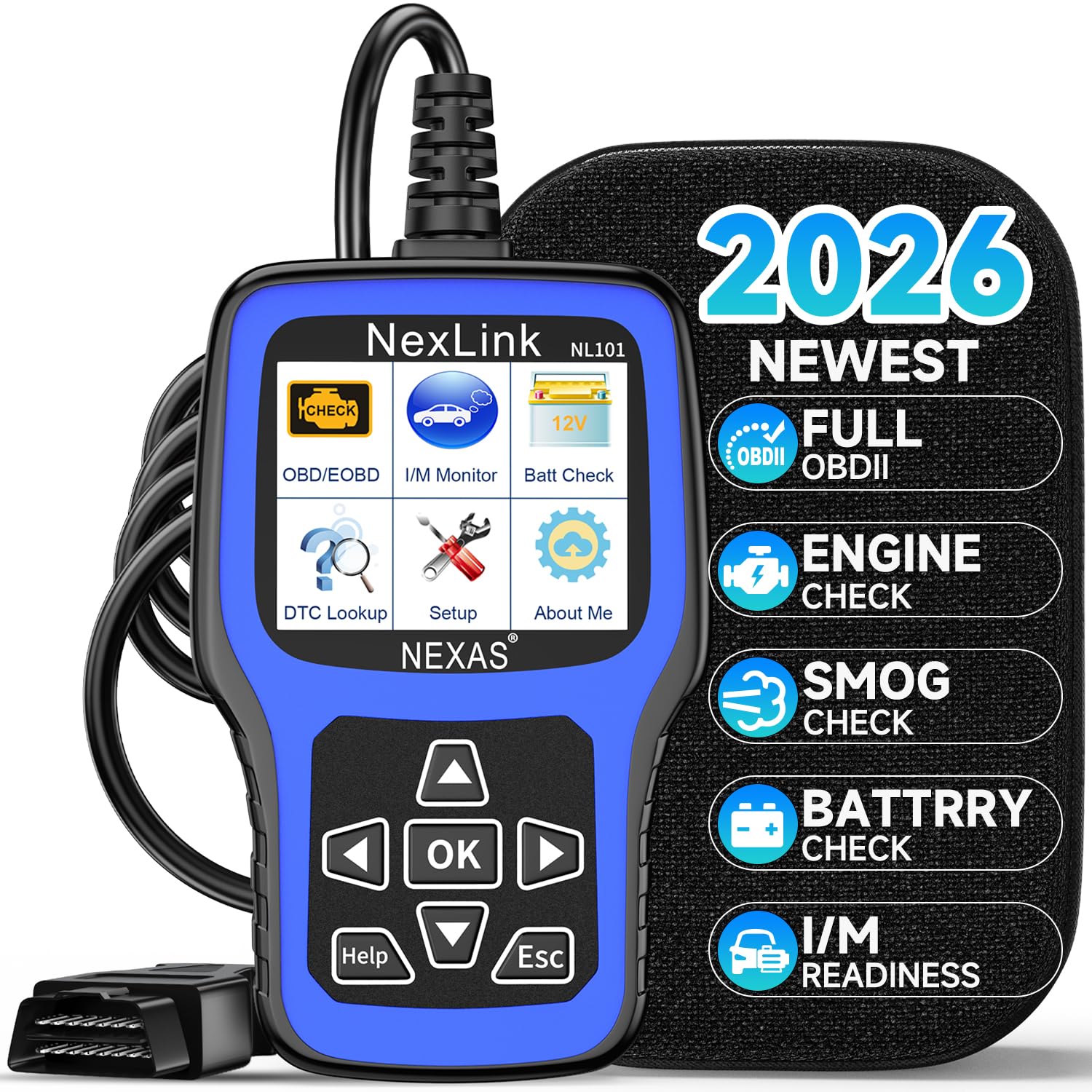 NL101 OBD2 Scanner with Battery Tester - Check Engine Code Reader, Car Diagnostic Scanner with Live Data, Freeze Frame, I/M Readiness for All US Vehicles Since 1996
