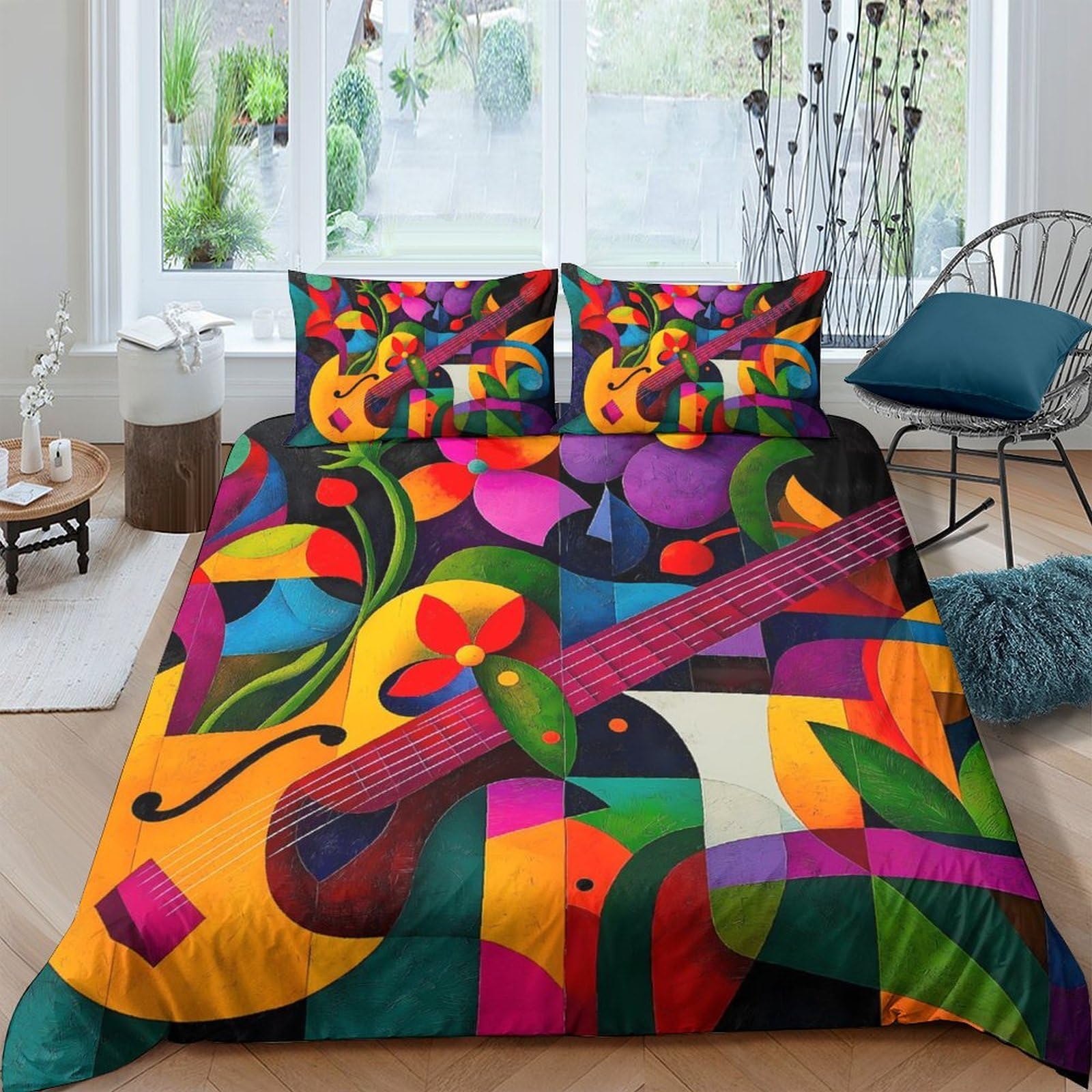 Ctjqhvkz Style-6 3D Printed Abstract Guitar Fitted Sheet Microfiber Colorful Art Bed Cover For Bedroom Guest Room Dorm Mattress Protection Single（135X200cm）