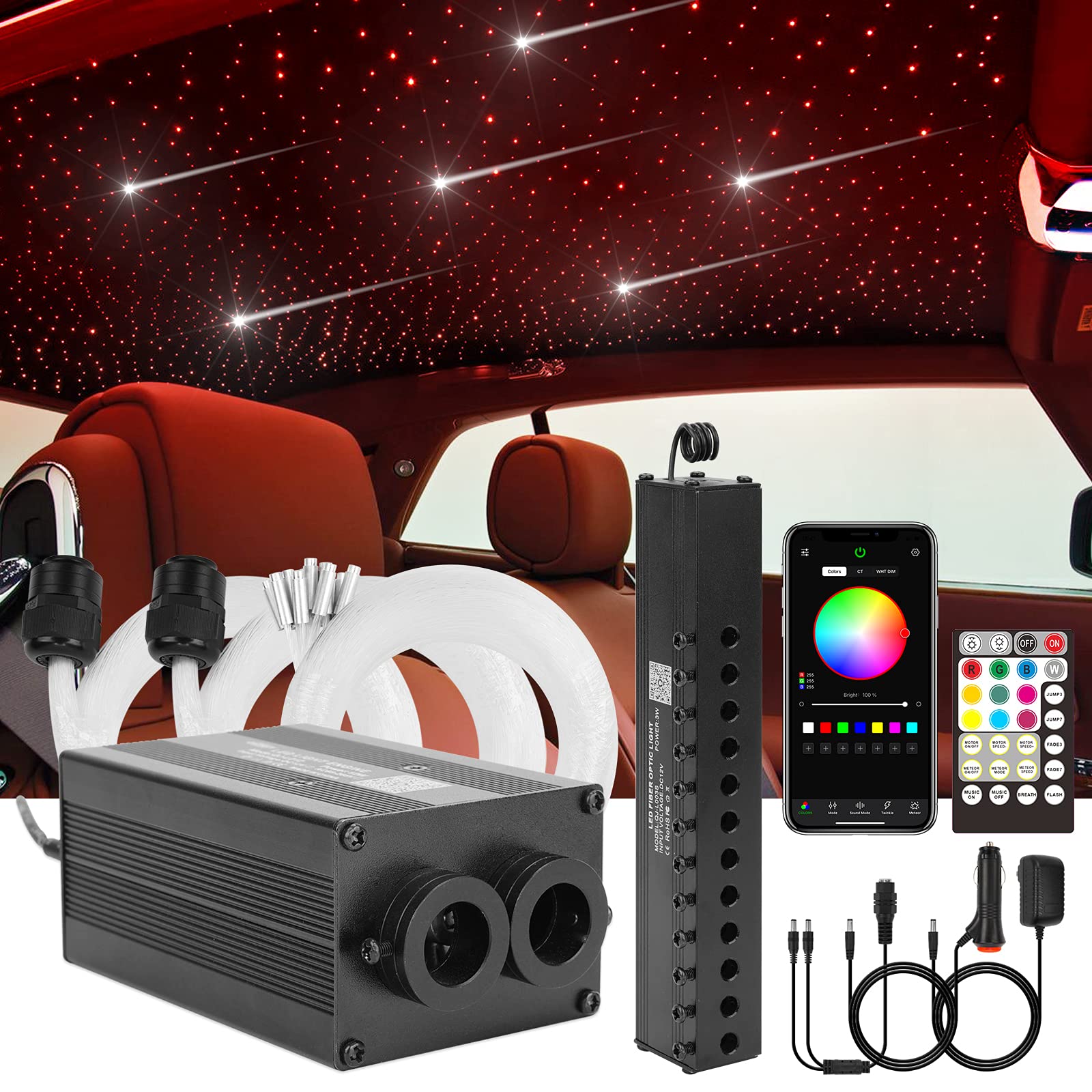 CHINLY Bluetooth Meteor 12 W RGBW Twinkle LED z włókna szklanego gwiazdy lampy sufitowe zestaw aplikacji / pilot zdalnego sterowania, 450 szt. x 0,75 mm x 3 m, do domu/samochodu