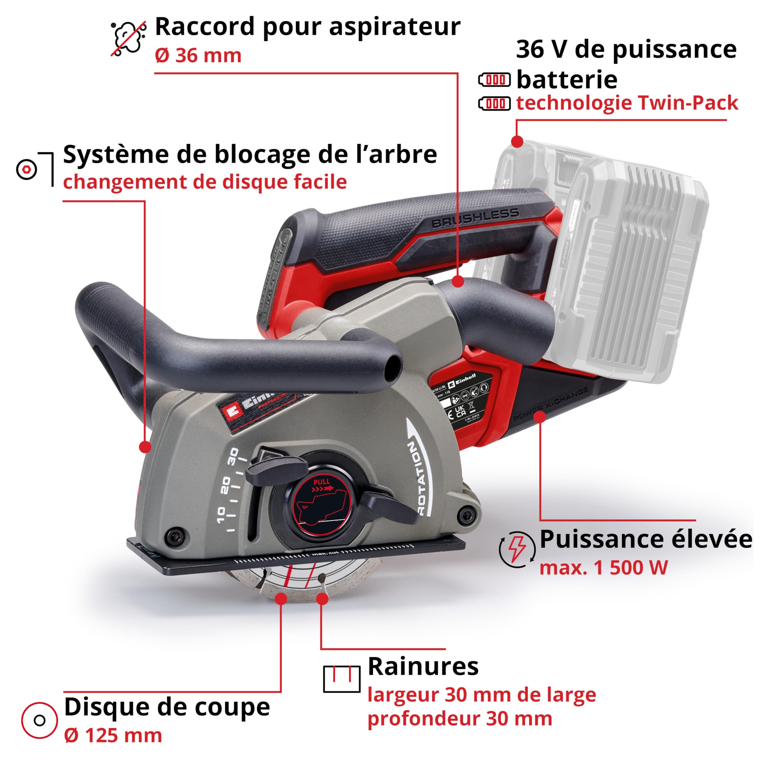 Einhell Professional Rainureuse sans fil TP-MA 36/30 Li BL-Solo Power X-Change (36 V, 1500 W, largeur et profondeur de coupe jusqu’à 30 mm, avec 2 disques de coupe diamant)