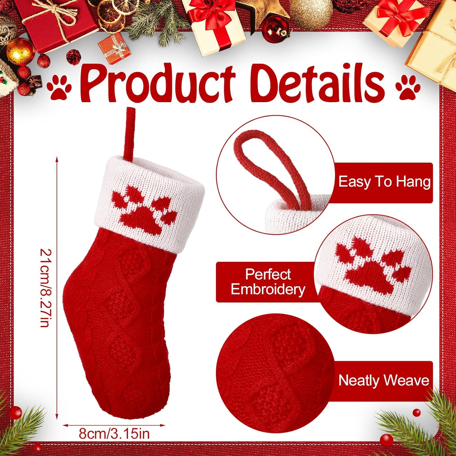 Soulchen 12 Pcs 8.3 Inch Mini Red Christmas Stockings Bulk Pet Paw Pattern Christmas Stocking Xmas Fireplace Hanging Holding Bags for Xmas Winter Family Holiday Party Decor
