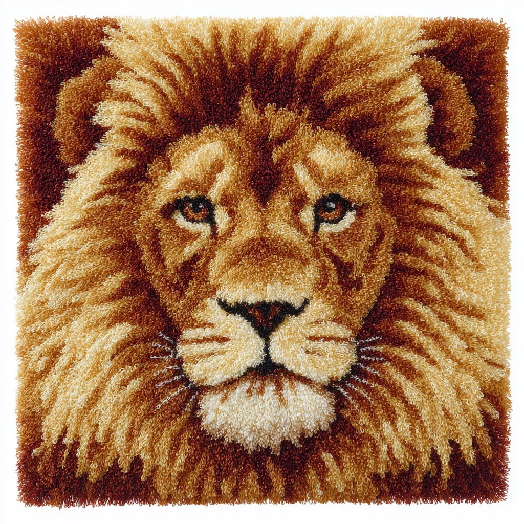 Henypt Latch Hook Kits Animal Lion Pillow Cover DIY Cushion Cross Stitch Crochet Hook Pillowcase Making Kits Preprinted Pattern Canvas Cushion 43x43cm