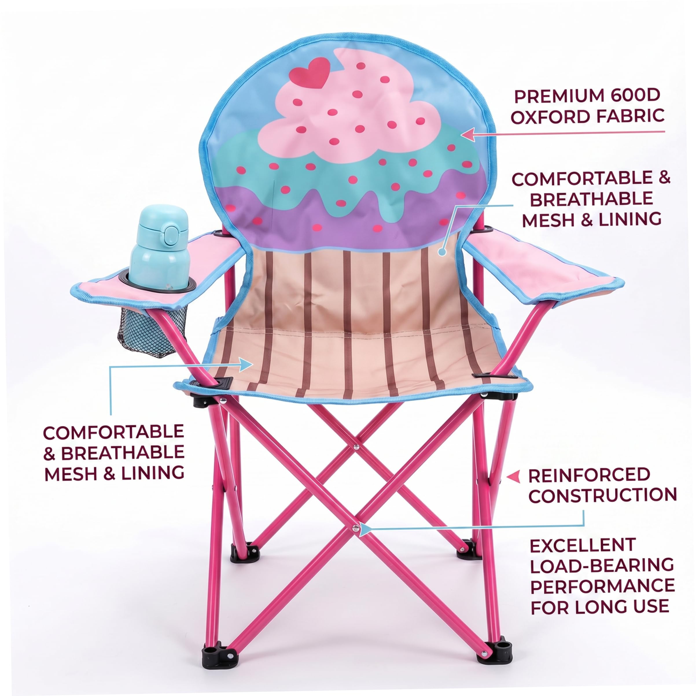 Silla de camping para niños | Silla de campamento para niños, tela Oxford 600D plegable para acampar, sillas portátiles para exteriores con patrón de helado y pastel para pequeños con portavaso
