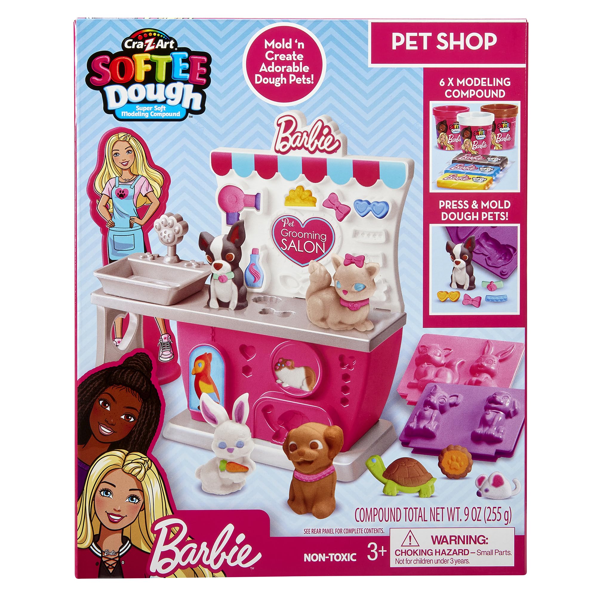 Barbie Softee Dough Pet Shop Playset with Grooming Salon, 6 Colors Modeling Compound, Press & Mold Pets, Ages 3 and Up