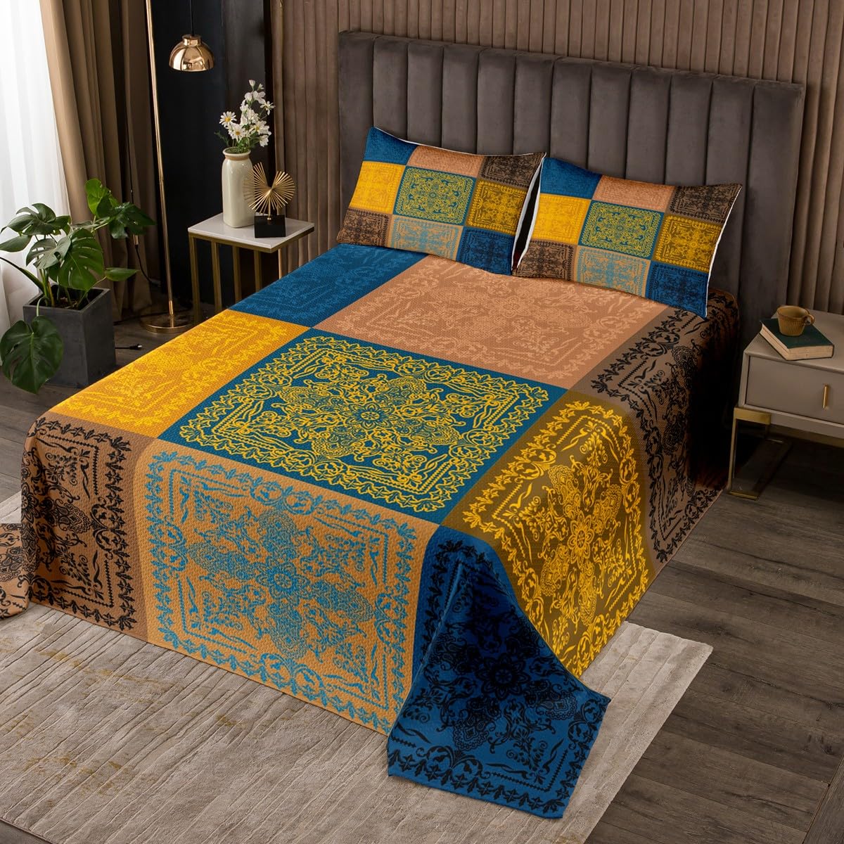 jejeloiu Boho Bedspread Twin Size Vintage Aztec Print Coverlet for Kids Teens Southwesten Coverlet Set Bohemia Orange Blue Room Decor