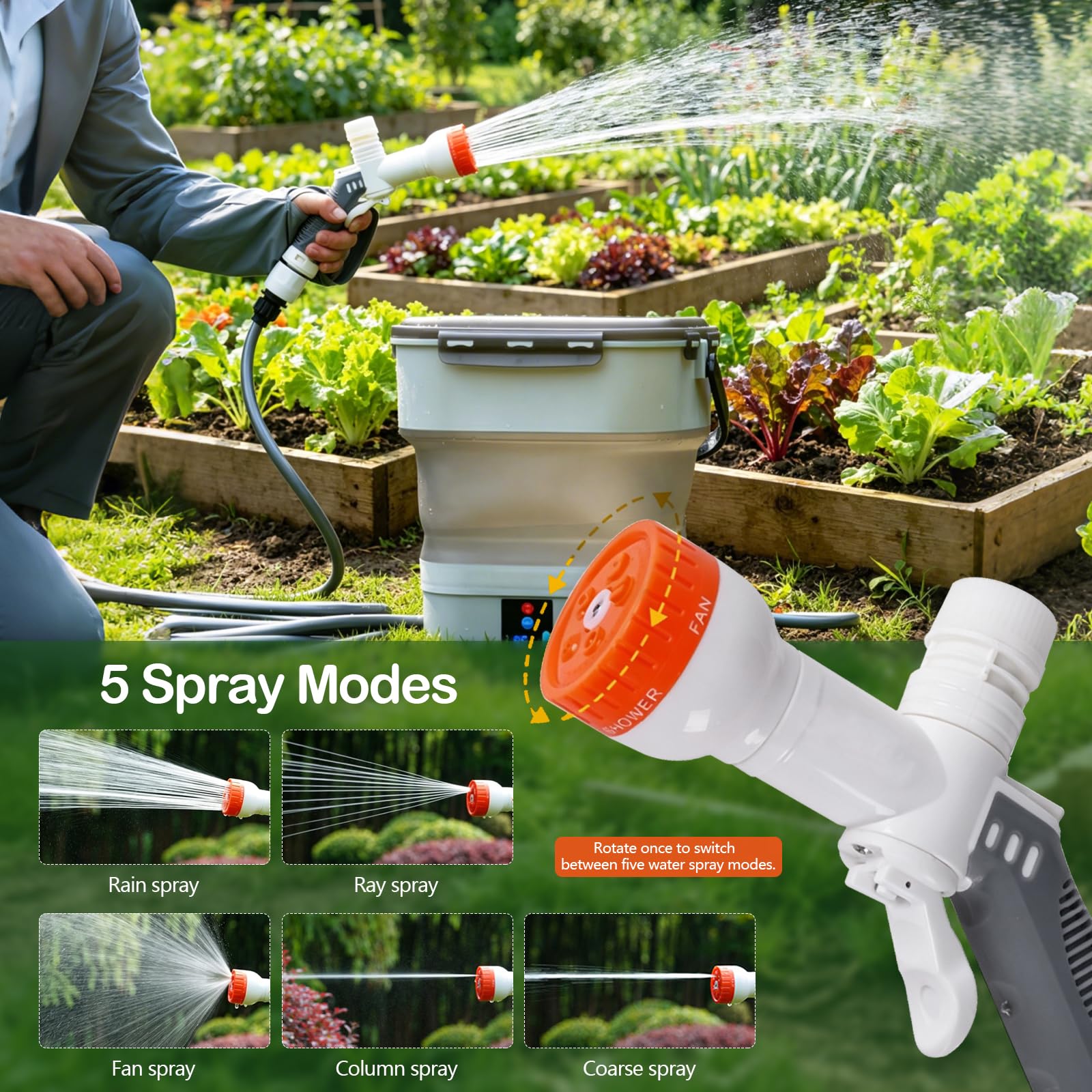 Limpiadoras a Presión Portátil, Inalámbrico Hidrolimpiadora Móvil Plegable con 5 Modos de Pulverización, Depósito de Agua:12L, Pulverizador Eléctrico Multifunción a Presión para Camping y Jardín