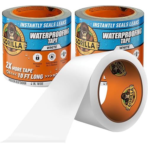 GORILLA Waterproofing Tape, Permanent Seal, White, 4" x 10', 2-Pack