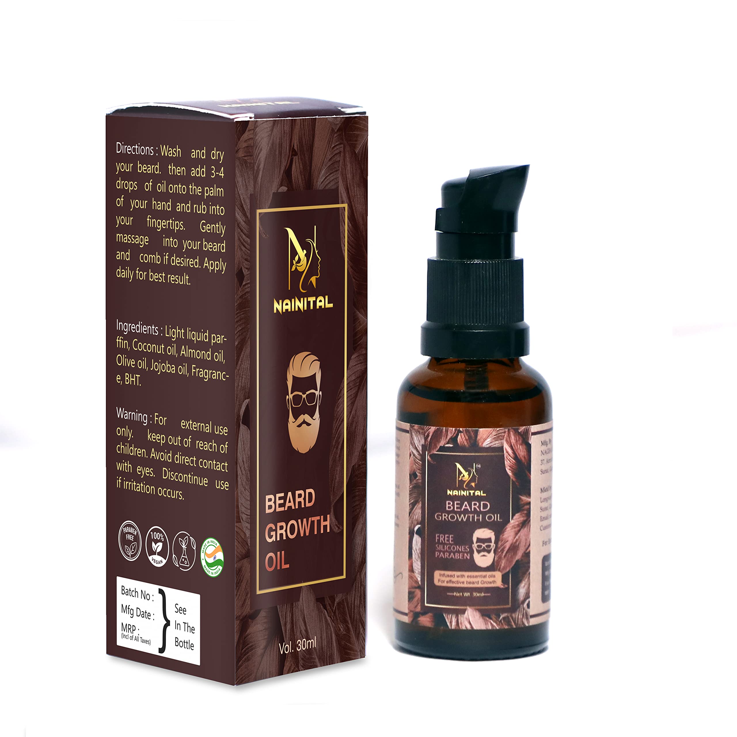 Nainital Beard Oil For Growing Beard Faster With Almond & Thyme, 100% Natural, Best Beard Growth Oil For Men, Nourishes & Strengthens Uneven Patchy Beard, 30ml