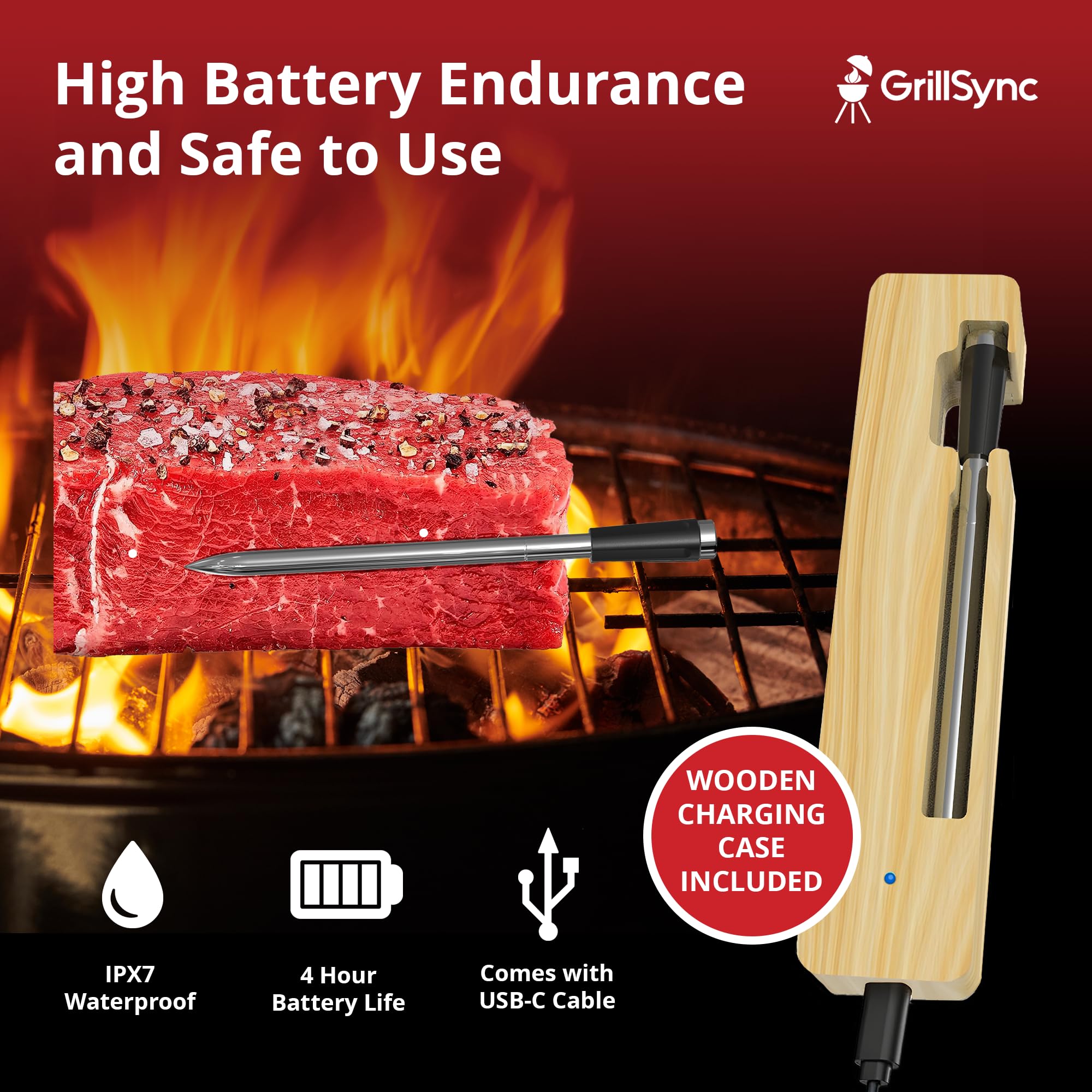 Digitales Fleischthermometer Kabellos Bluetooth Dual Sensor BBQ Küche Räucherofen Wasserdicht mit USB-C Ladekoffer App-gesteuert 40m Reichweite