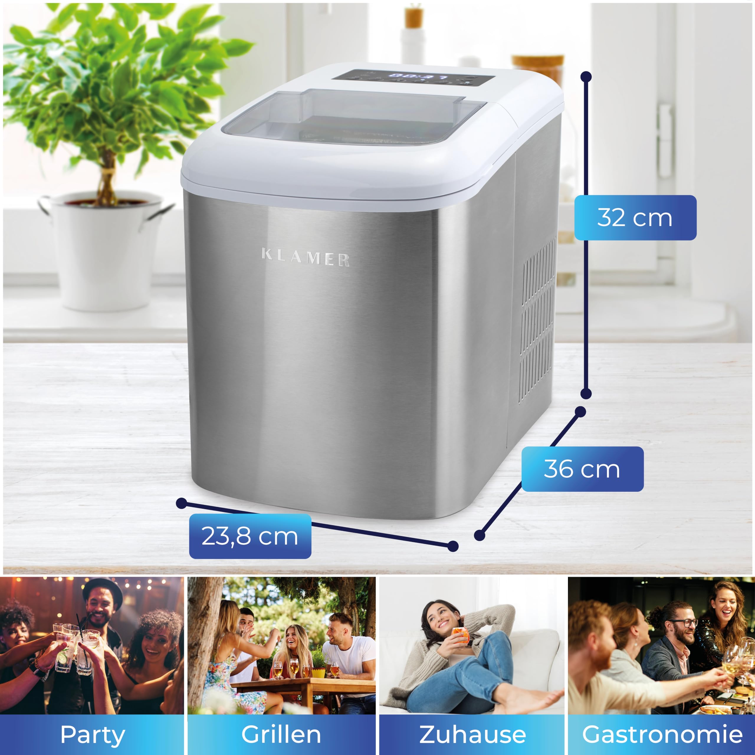 KLAMER Eiswürfelmaschine klein mit Eisschaufel & 2 Eiswürfelgrößen - 10 Eiswürfel in nur 7 Min, 15 kg Eiswürfel pro Tag - leiser Ice Maker mit Timer (Weiss)