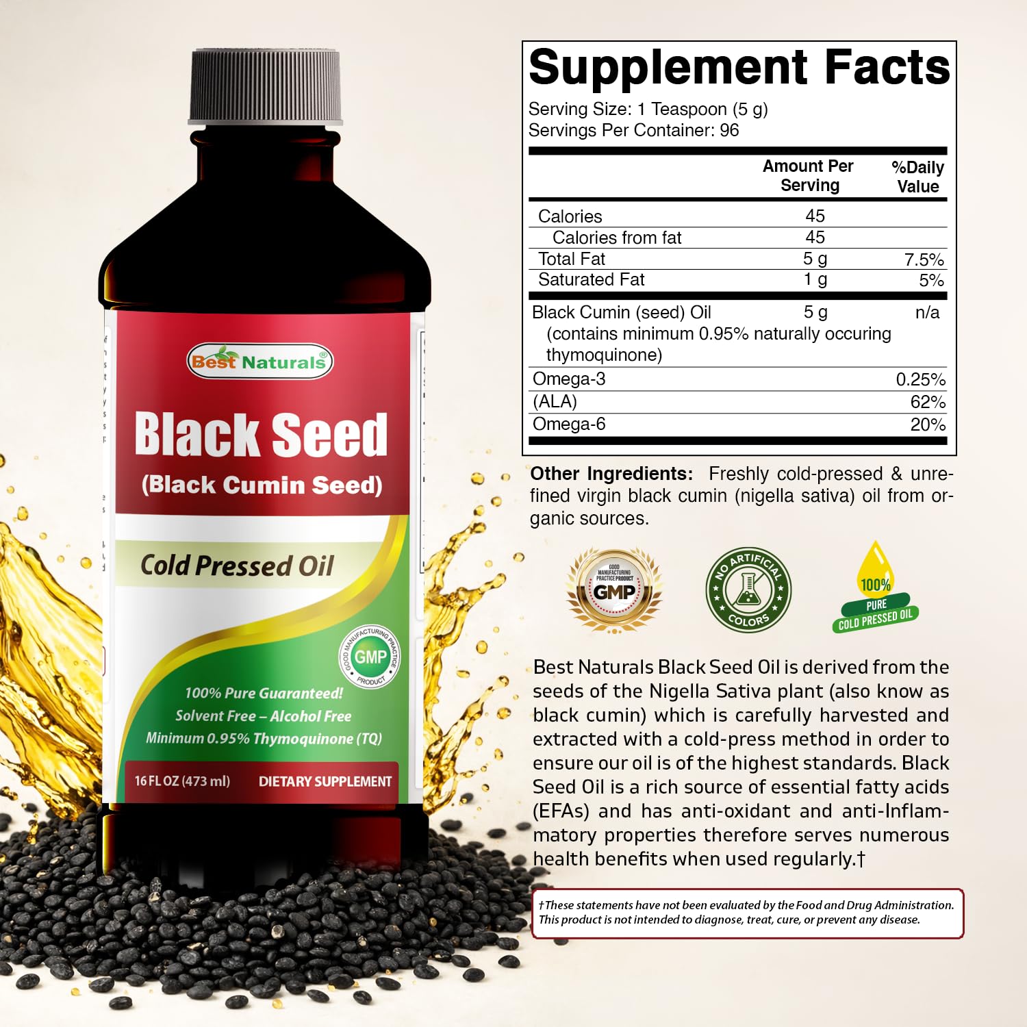 Best Naturals Black Seed Oil - Minimum 0.95% Thymoquinone (TQ) - Cold Pressed Nigella Sativa Aids in Digestive Health, Immune Support, Brain Function, Joint Mobility, Gluten Free, Non GMO - 16 OZ — Amazon image 4