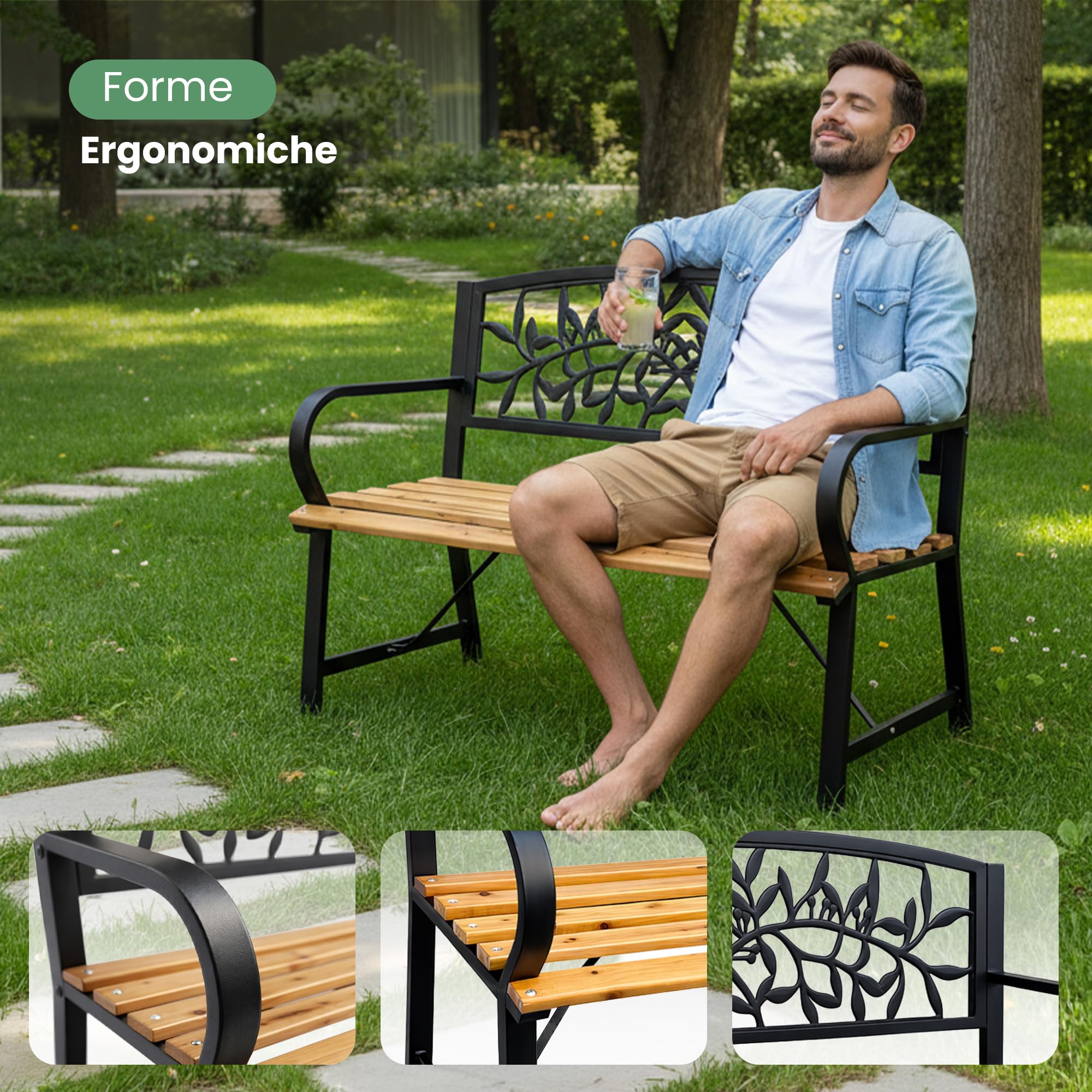 AKORD Panchina da Giardino REO con Gambe in Ghisa e Legno Verniciato | Panca da Esterno | Panchine Esterna con Bracciolo | Panche Moderno Resistente alle Intemperie | Larghezza 118 cm | Nero