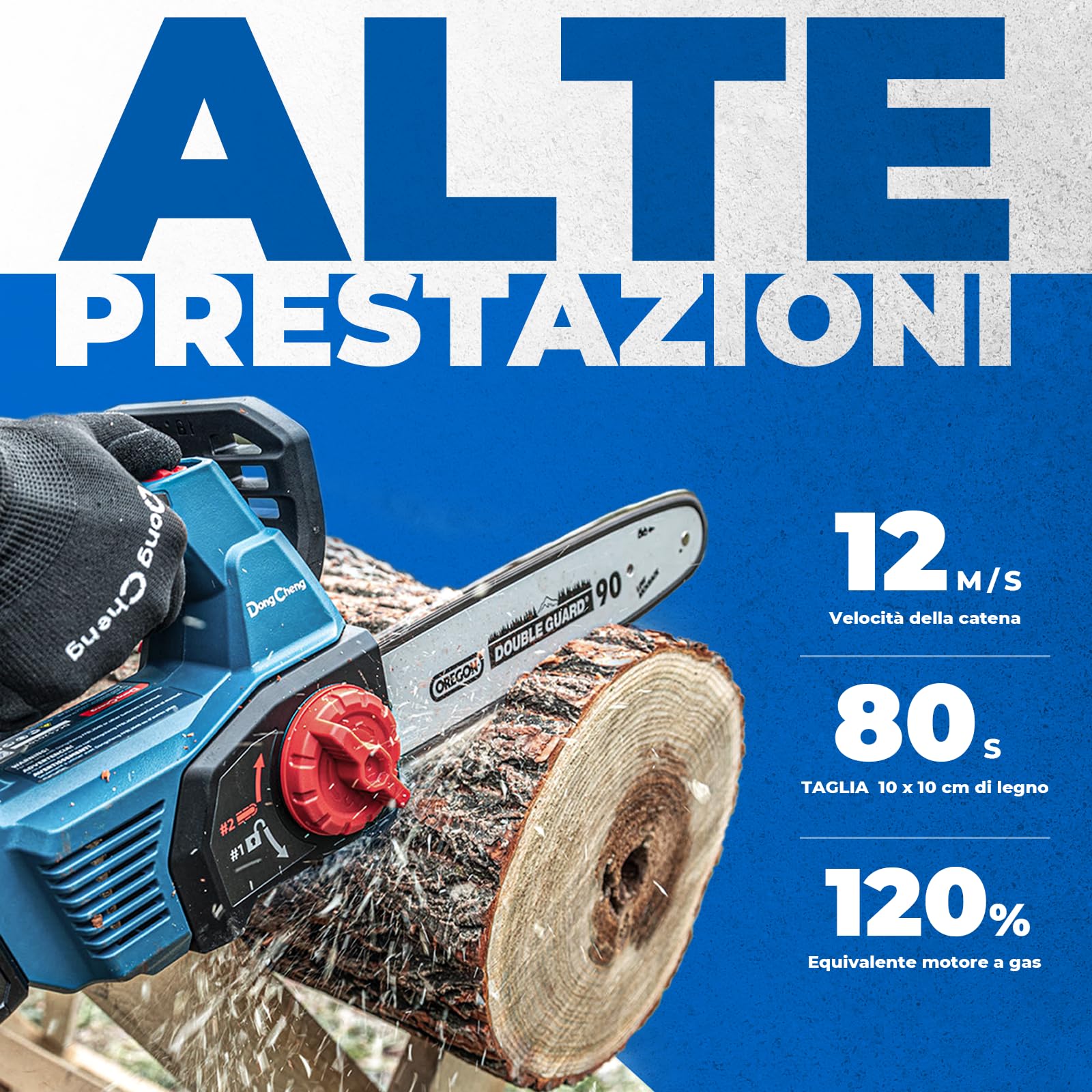 DongCheng Motosega a batteria 20V, brushless, 12 m/s, lama OREGON 30cm, 2x4,0Ah. Tendicatena senza attrezzi, lubrificazione automatica, 2kg (senza batteria), Giardino, legna, potatura