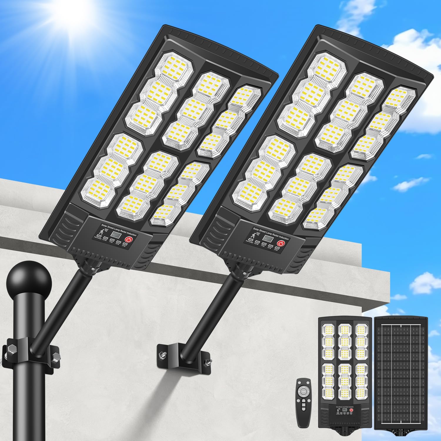 Solar-Straßenlaternen für Außen 800W 6500K, Wasserdichte LED Solarleuchten mit Bewegungsmelder & Fernbedienung, Solar-Straßenleuchten geeignet für Straßen, Parkplätze, Höfe, Garagen, 2 Stück