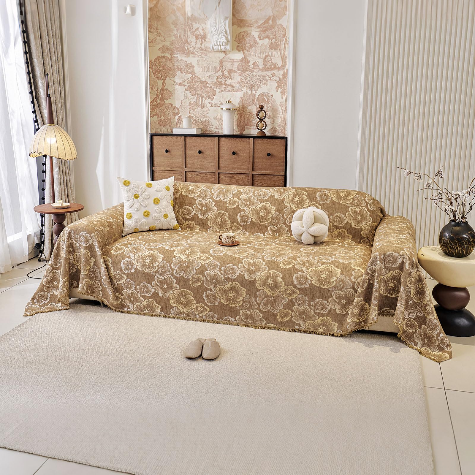 DREAMINGO Floral Couch Cover Vintage Sofa Covers for 2 Cushion Couch Chenille Jacquard Furniture Protector Slipcovers for Sectioanl L Shape, Tassel Edge, Washable, Brown, Large 71"x118" — image 1