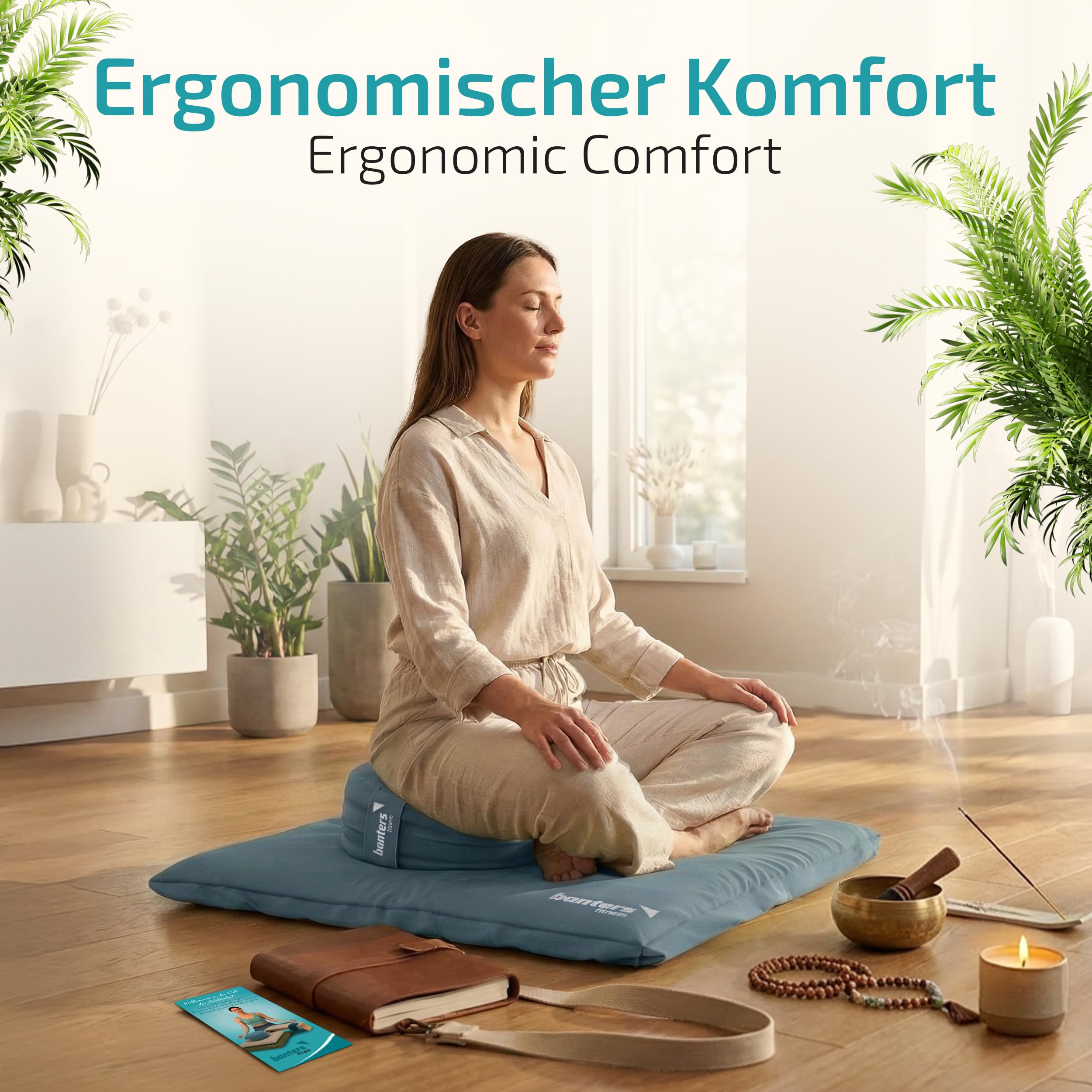 banters Set di cuscini da meditazione con imbottitura in kapok, cotone biologico, zafu e zabuton, altezza regolabile, lavabile, con cinghie per il trasporto e modello diario di 5 minuti