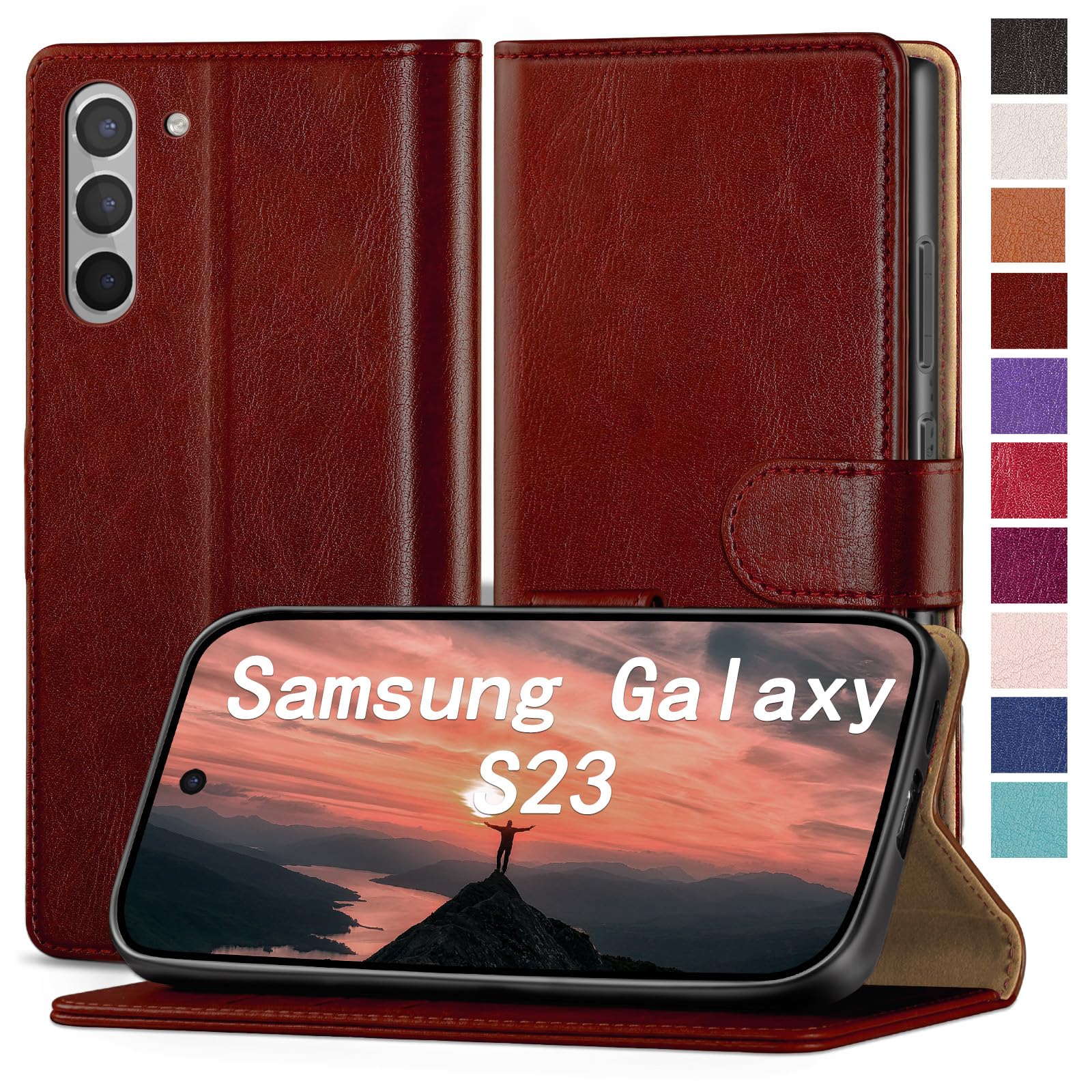 RingPi for Samsung Galaxy S23 Phone case[RFID Blocking Leather],[3 Credit Card Slot] Flip Folio Book Shockproof Protector,Holder Stand Cases,Women Men