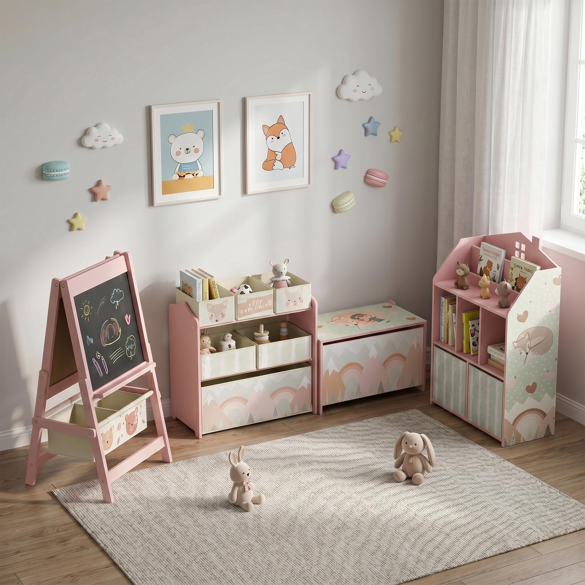 AIYAPLAY Meuble Rangement Enfant, bibliothèque Enfants avec étagères Ouvertes et 2 tiroirs en Tissu, Forme de Maison et Motif de Renard, Rangement Jouet pour Chambre d'enfants Salle de Jeu, Rose