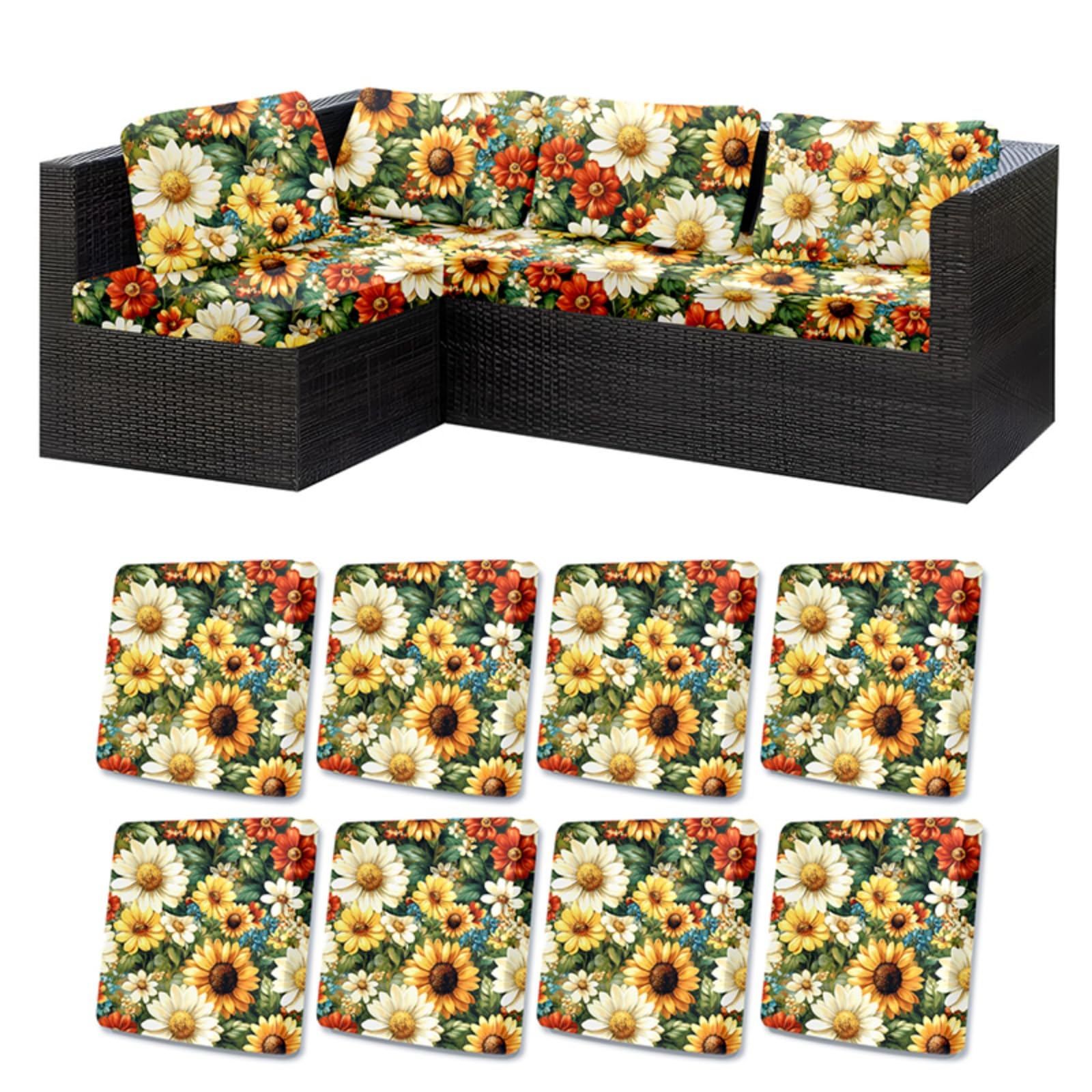 Morbuy Stampa 3D Copricuscini da Esterno per Sedute in Rattan, Copricuscini Divanetto da Esterno Sfoderabili Federe per Cuscino Impermeabile per Giardino e Patio (8 Pezzi,Fiori dorati)