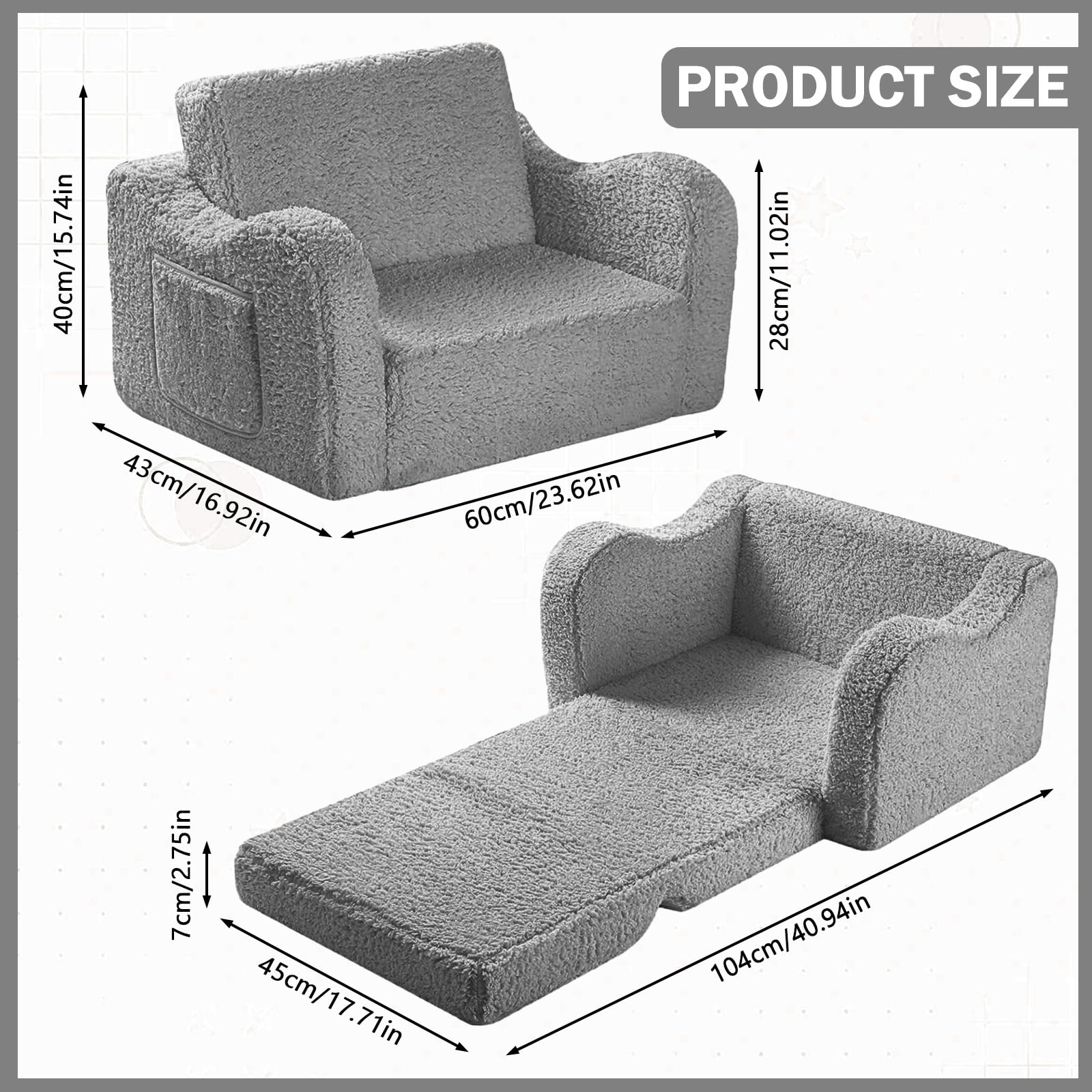 MeYuxg 3 en 1 Sofa Infantil, Sillon Bebe para Niños y Niñas, Sillón Convertible y Cama Plegable, Mini Sofá, Regalo del Niño y Cumpleaños, Gris