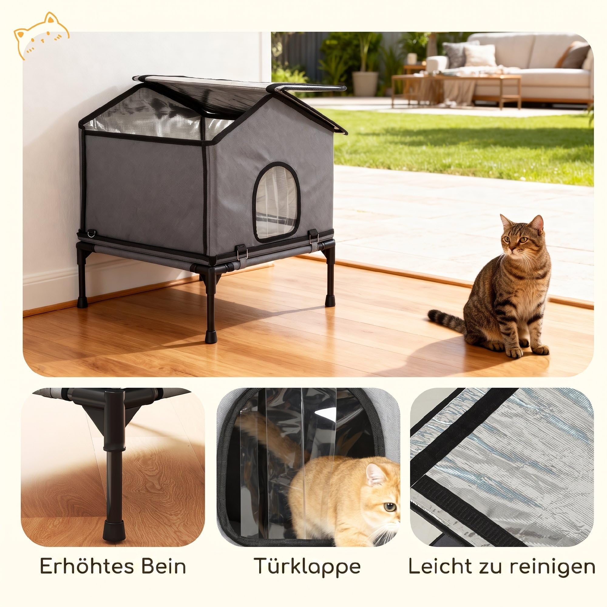PawHut Katzenhaus Klappbar für Katzen bis zu 5 kg 62 x 58,5 x 60 cm Grau