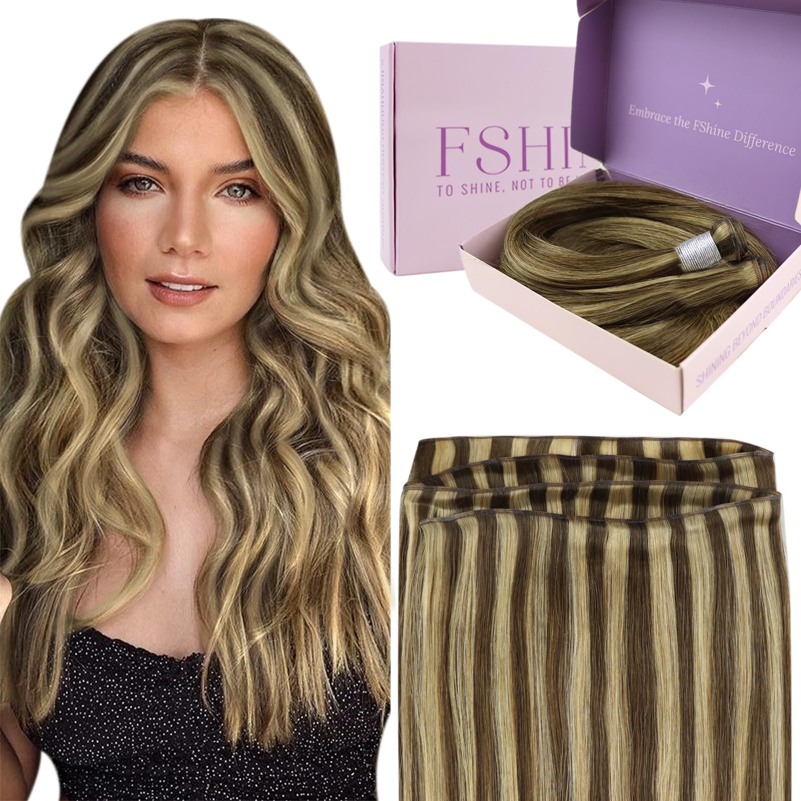 Fshine Trama Geniale Ultra Sottile 50g 35cm Mèches Castano Medio Con Trame Mèches Biondo Miele Extension Capelli Remy Capelli Veri Umani Trama Premium Legata a Mano Aspetto Estensione dei Capelli