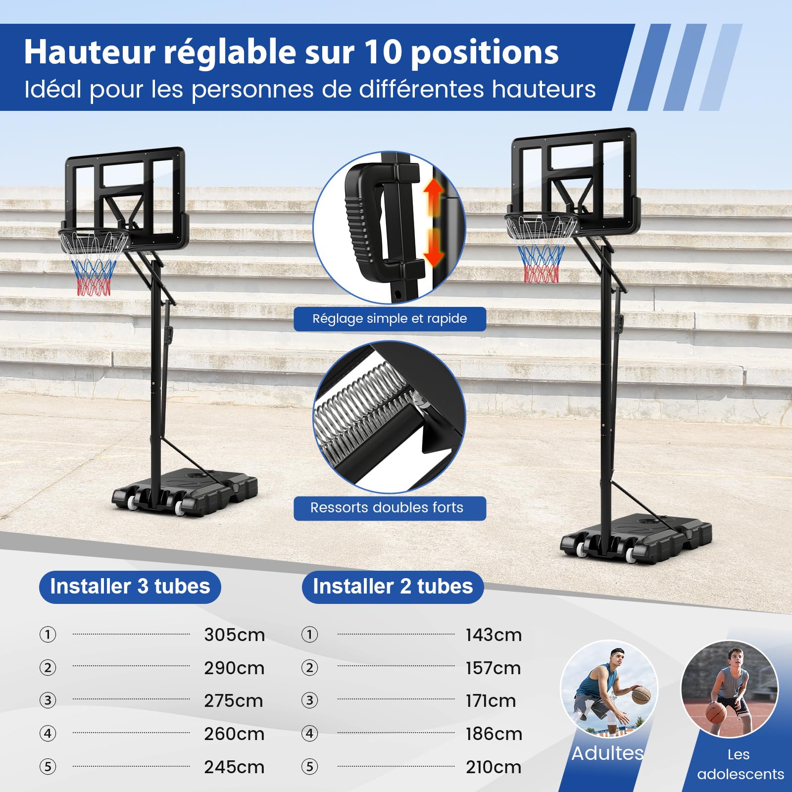 COSTWAY Panier de Basket-Ball Hauteur Réglable 145-305cm, Support de Basket Portable à roulettes avec Base Remplissable Sac de Poids Panneau Arrière de 111 cm, pour Enfants Adultes