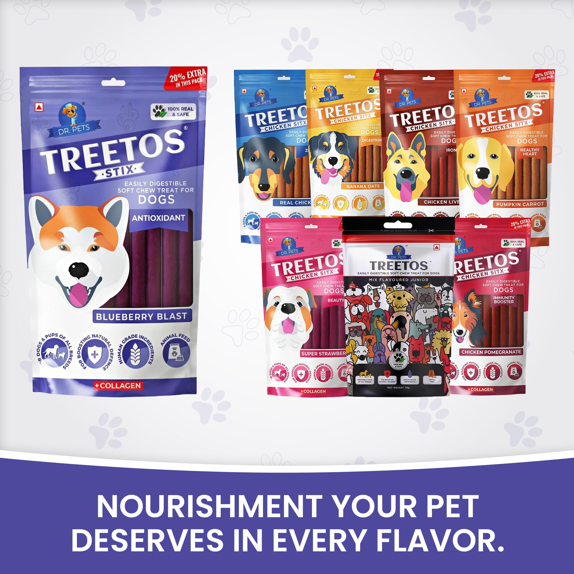 Dr. Pets 85g Treetos Chicken Stix Dog Treats | Blueberry Blast Flavour | Soft Chew Sticks for Puppies & Adult Dogs | Training Reward Treat | Easy to Digest | Pouch Pack 3