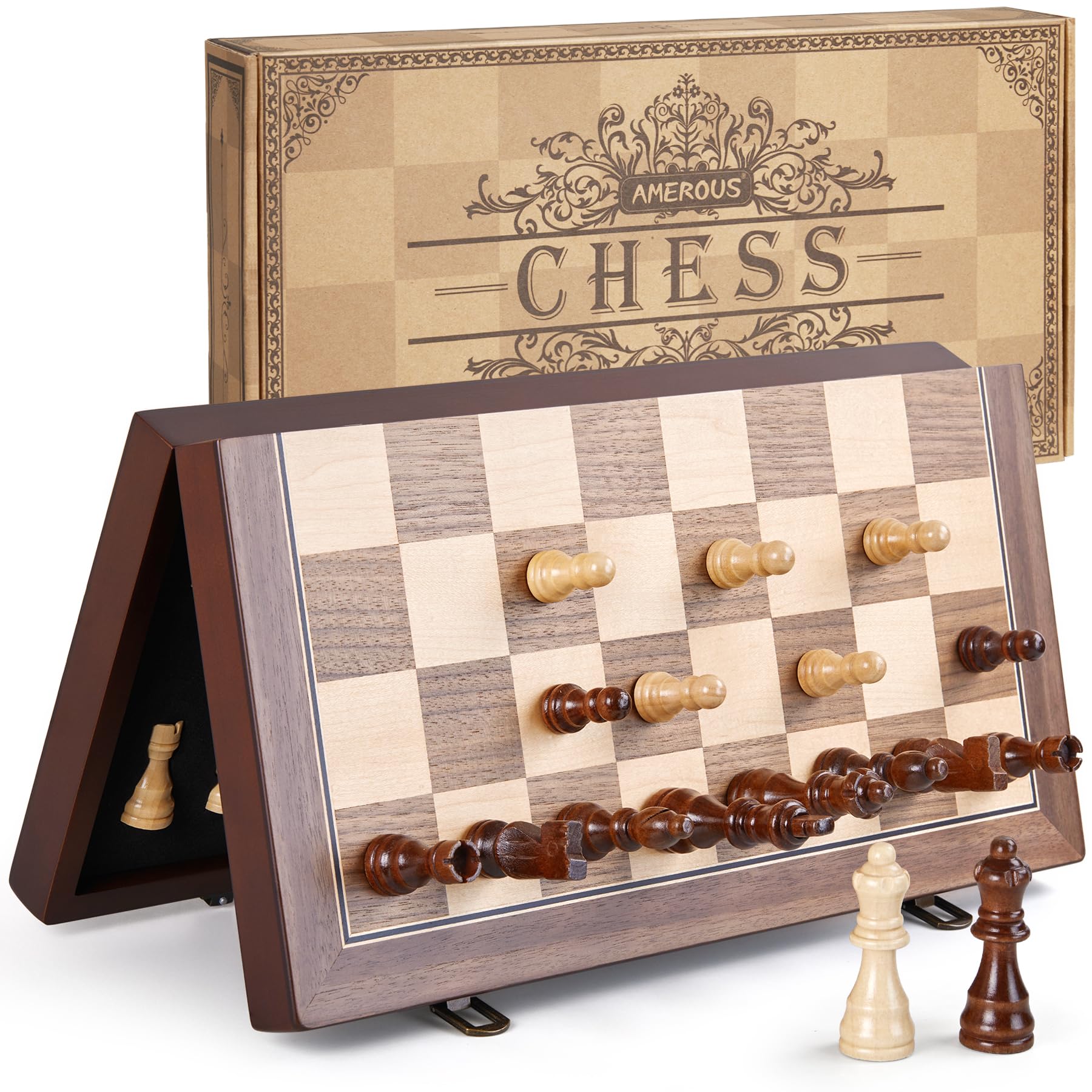 Juego de ajedrez magnético de madera de 15 pulgadas para adultos y niños, con tablero plegable, paquete de regalo, ranuras de almacenamiento de piezas, piezas hechas a mano, juego de mesa de 9