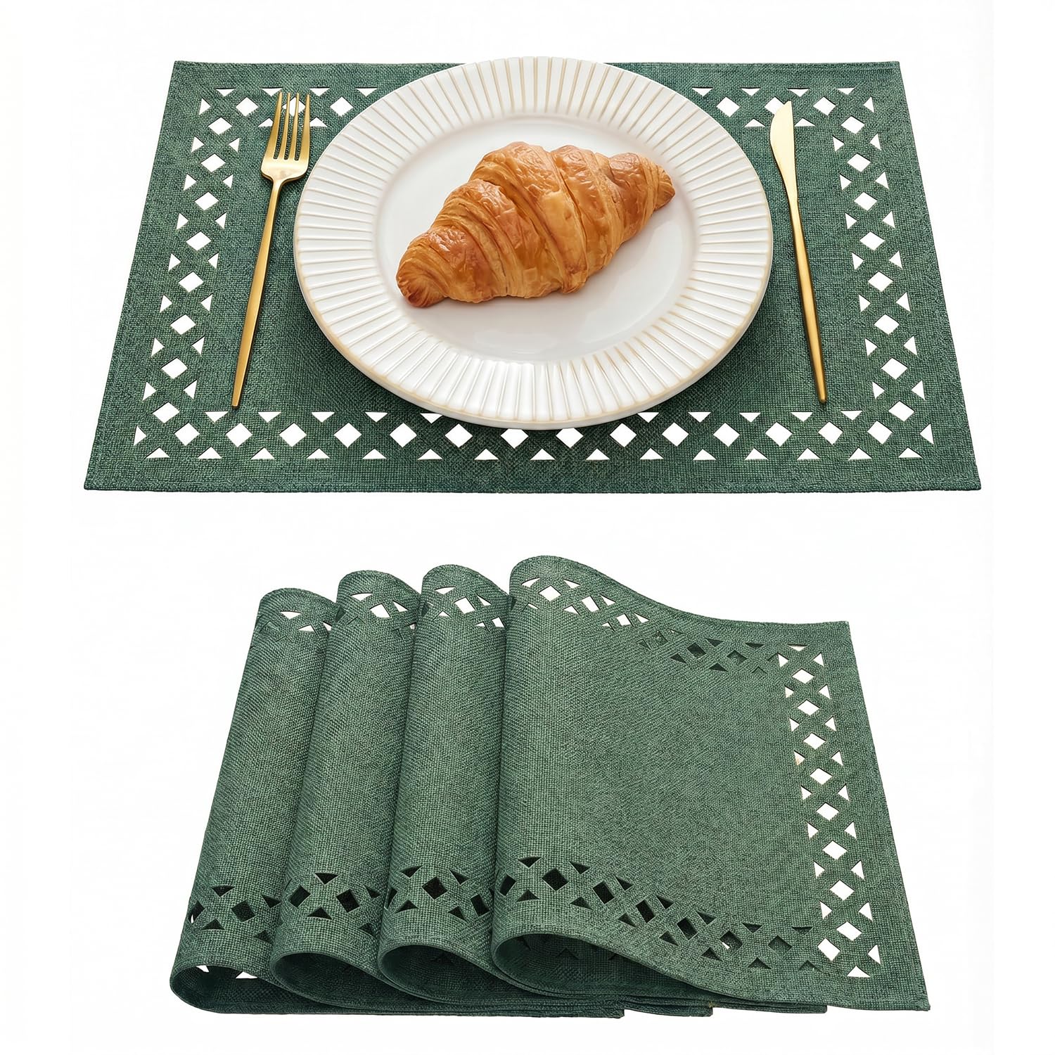 Artoid Mode Forest Green Hollow Linen Christmas Placemats 30x45 cm Set of 4