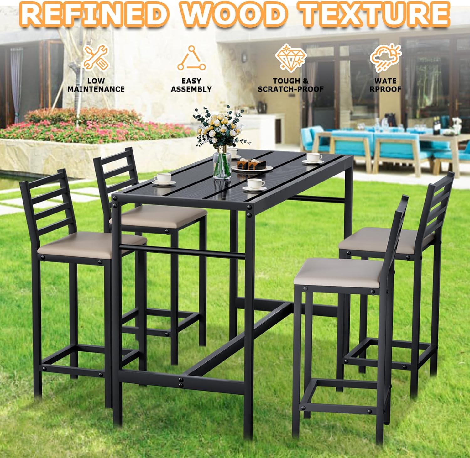 5 Piece Outdoor Patio Bar Set, 54.7" Rectangular Counter Height Bar Table & 4 Cushioned Bar Stools, Metal High Top Dining Furniture for Backyard, Balcony, Poolside, Porch (Black-5pcs)