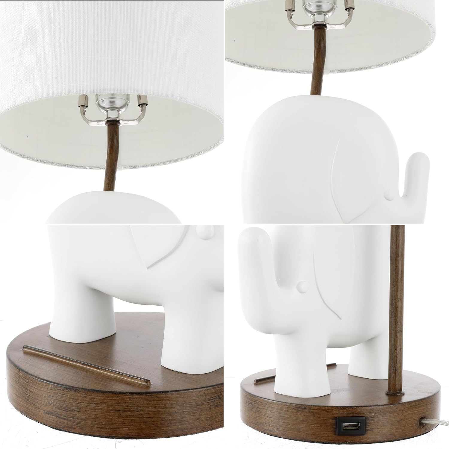 JONATHAN Y 20.25" White Elephant Kids Table Lamp with USB Port and Phone Stand, Bohemian Resin Animal Bedside Light with Linen Shade, LED Bulb Included JYL6312A