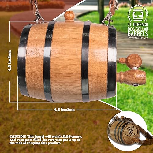 Vista 67 de St Bernard - Collar de barril de whisky para perro, Pooch Hooch' - Dispensador de barril de roble de 1/2 litro para perros San Bernardo con correa