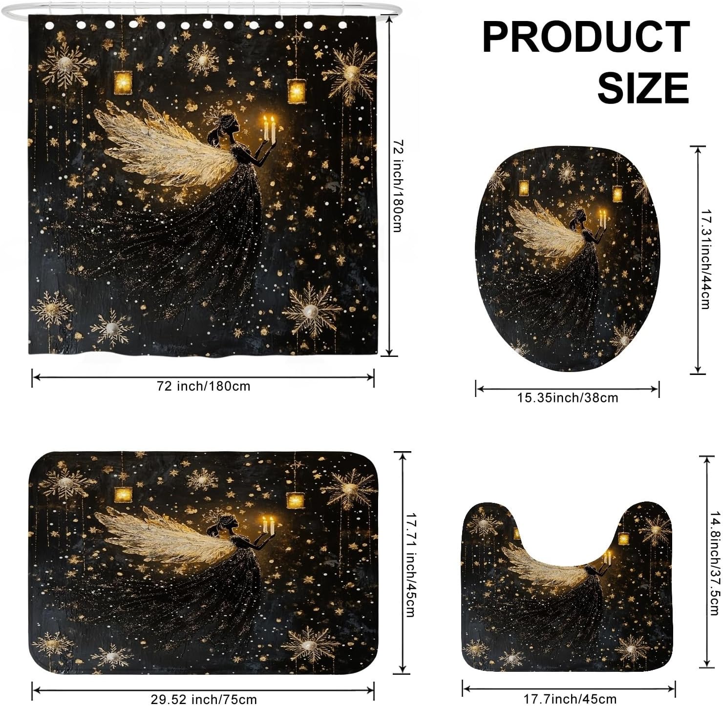 4PCS Whimsical Christmas Angel Bathroom Sets with Non-Slip Rug, U Shape Toilet Lid Cover Mat, Magic Xmas Snowflakes Bathroom Decoration 72''x72''