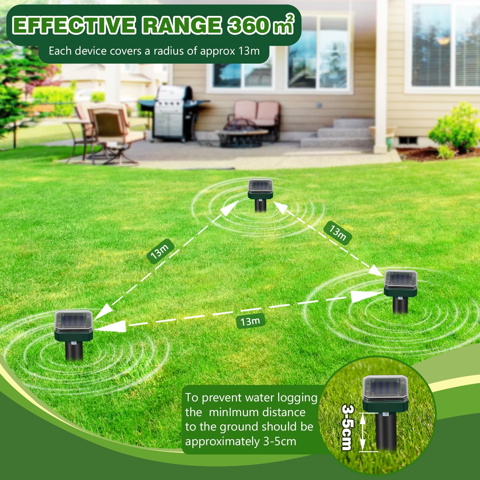 Scaccia Talpe Solare 4 Pezzi, Batteria Ricaricabile da 600mAh, Ultrasuoni Repellente Impermeabile per Talpe, Topi, Serpenti e Gopher, Efficace fino a 360 m², Ideale per Giardini, Prati e Aree Esterne
