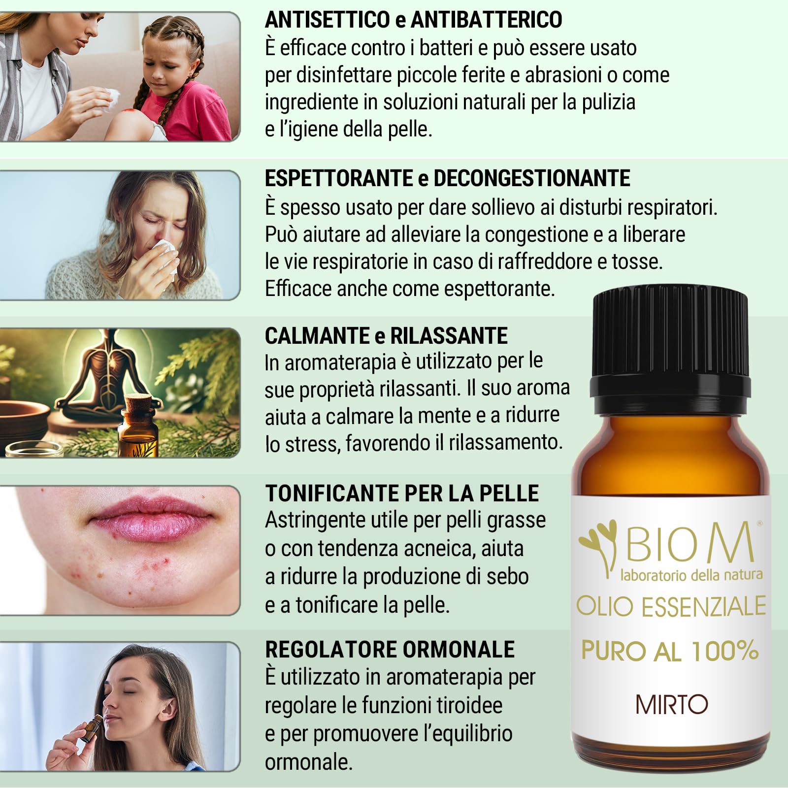 BioM Laboratorio della Natura - Olio Essenziale di MIRTO PURO BIO -10ml -100% NATURALE- 100% ITALIANO per Aromaterapia, Diffusori, Uso Alimentare e Massaggi - Dermopurificante e Antibatterico