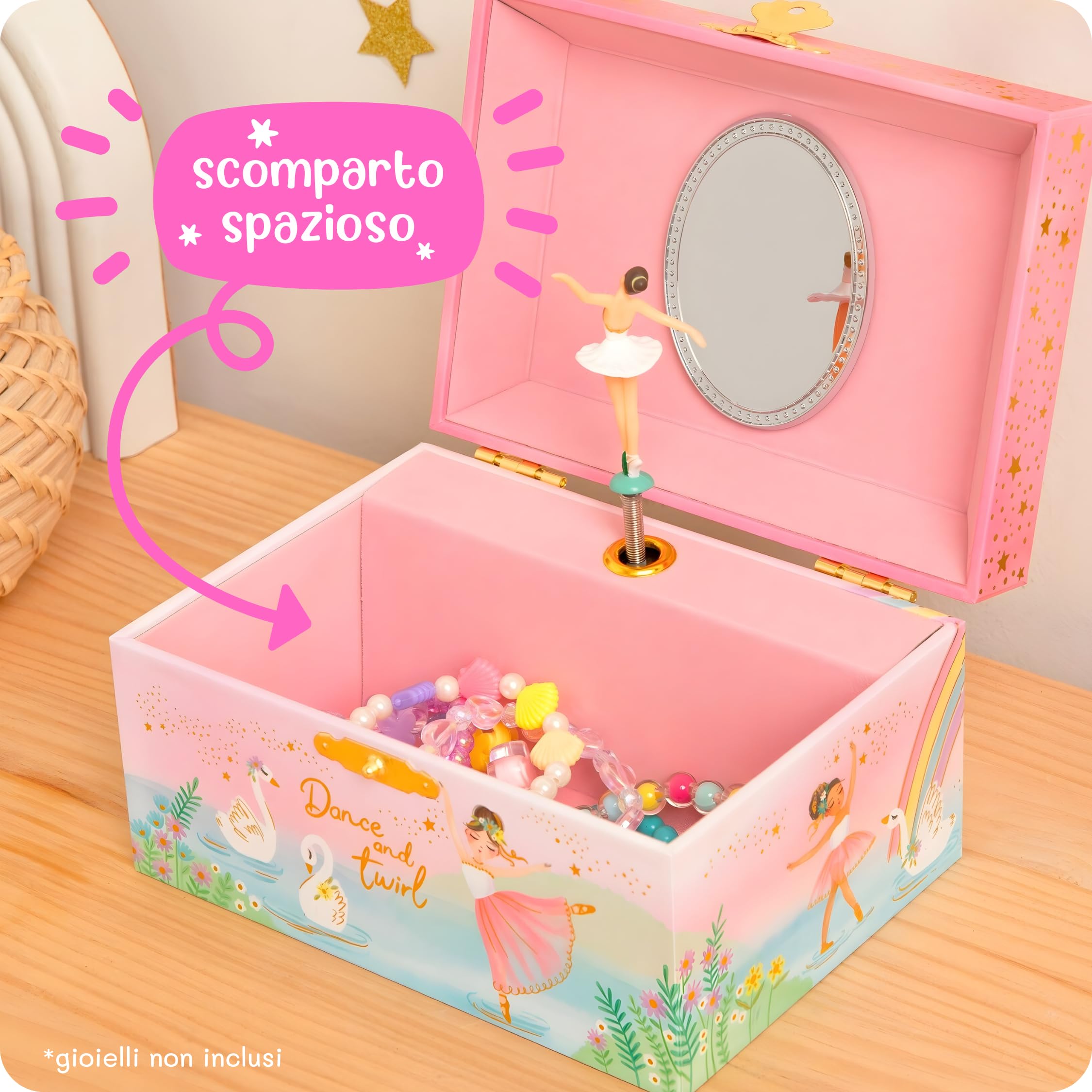 Giggle & Honey® Portagioie Carillon per Bambine - Scatola Musicale per Bambini con Ballerina che Gira e Specchio, Regali per Bambine da 3 a 10 anni, Scatole Portagioie per Bambini