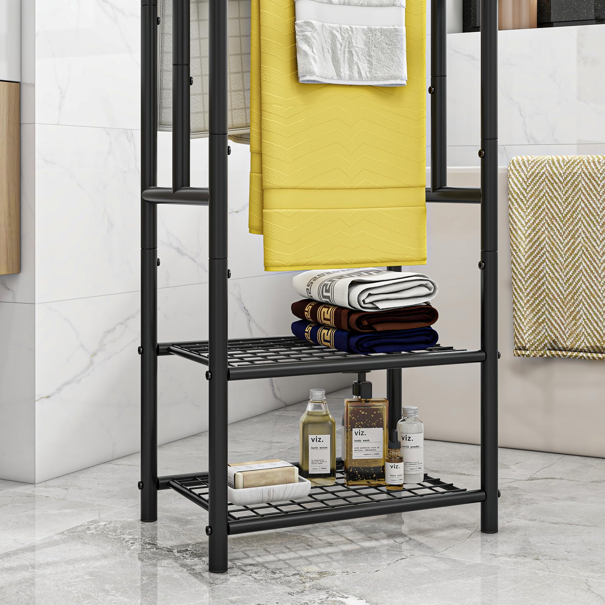 Porte-serviettes debout avec 3 barres porte-serviettes en métal avec 2 étagères, pour serviettes de bain, couvertures, peu encombrant, stable, style industriel, noir