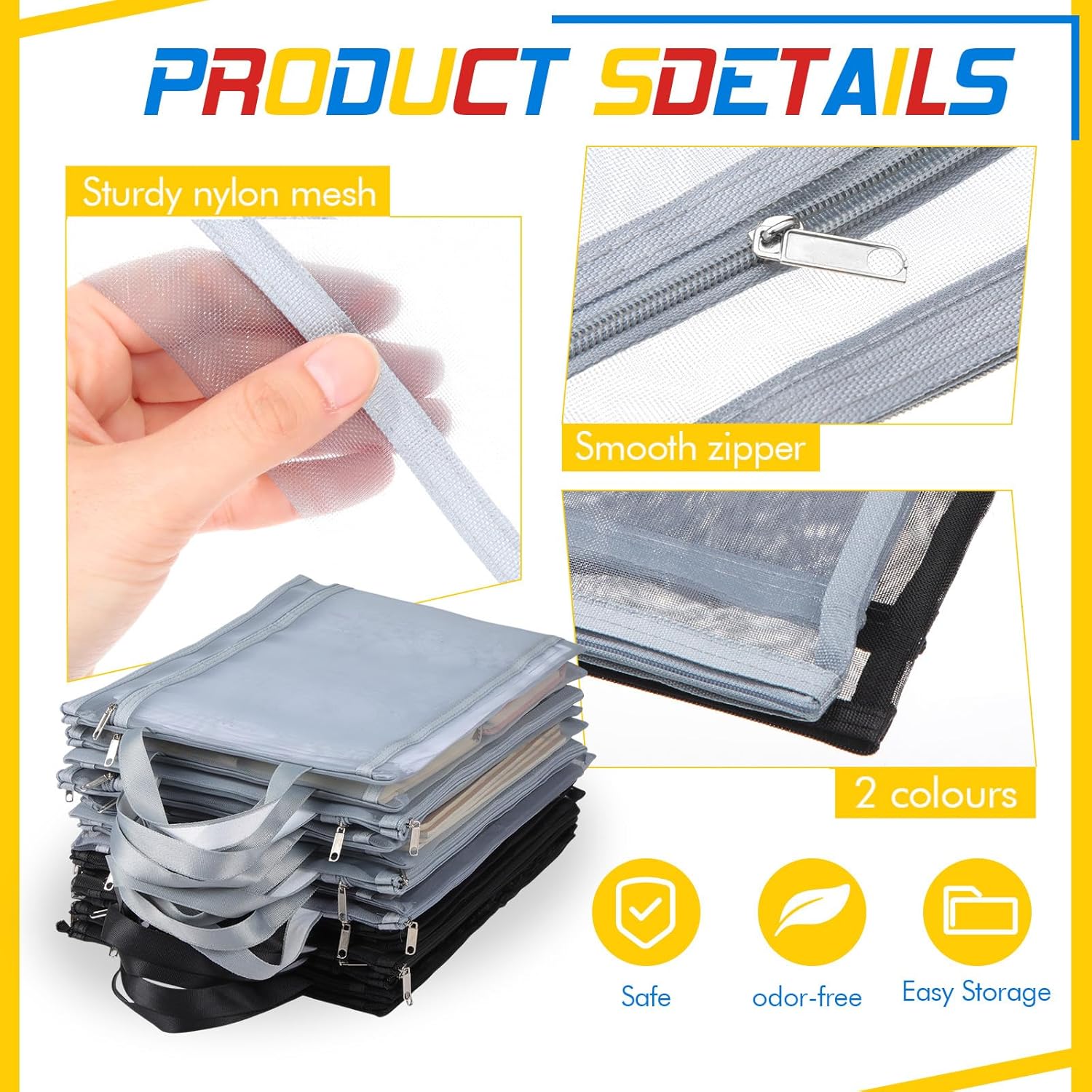 24 Pcs A4 Mesh Zipper Pouch Bags with Handles Black and Gray Double Layer Nylon Document Organizer Pouch for School Office Portable Games Toy Storage Bags for Building Blocks