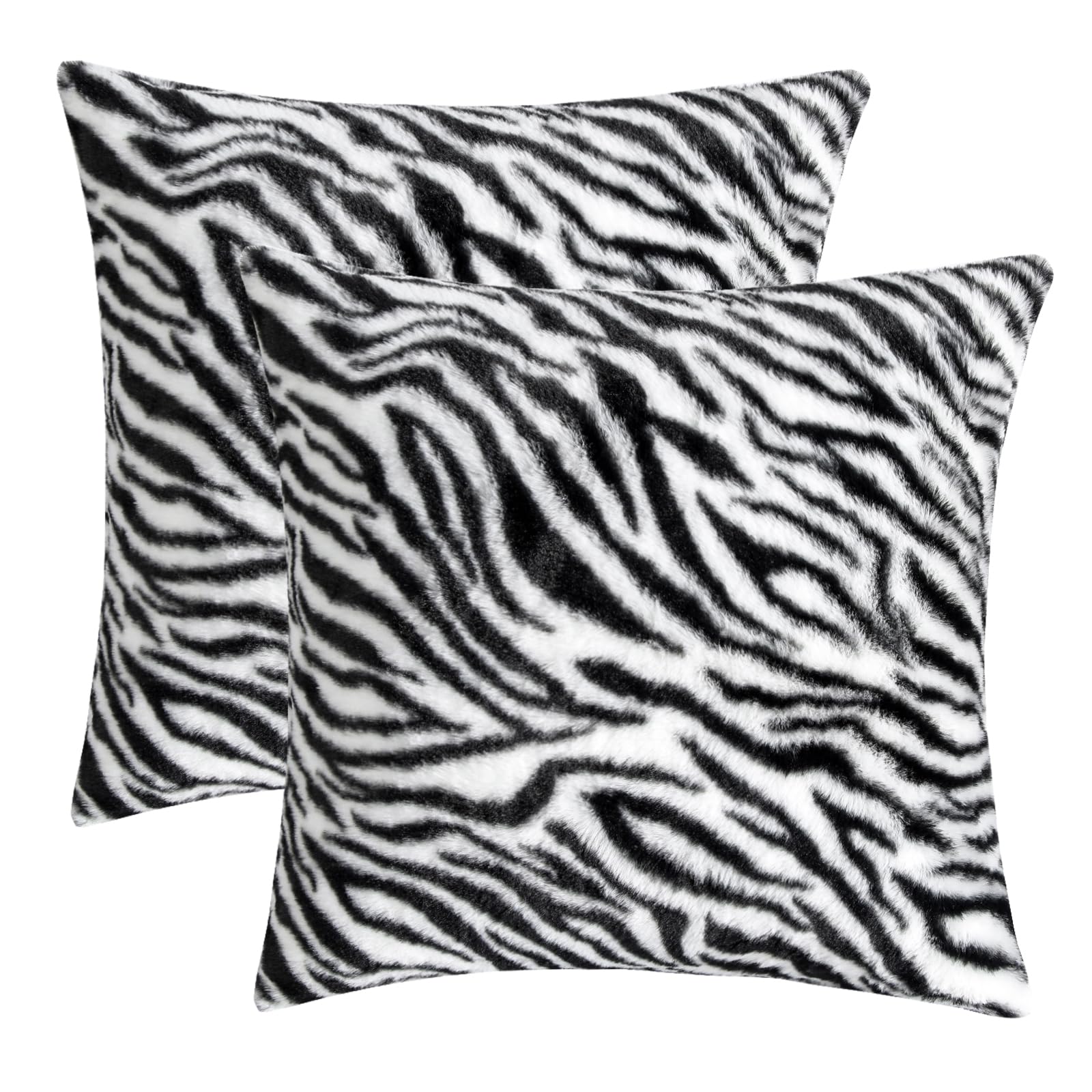 HOSTECCO Zebra Print Cushion Covers 45x45cm Pack of 2, Black and White Faux Fur Cushion Cases, Soft Fluffy Animal Print Square Decorative Pillow Covers for Living Room Sofa Couch Bedroom — image 1