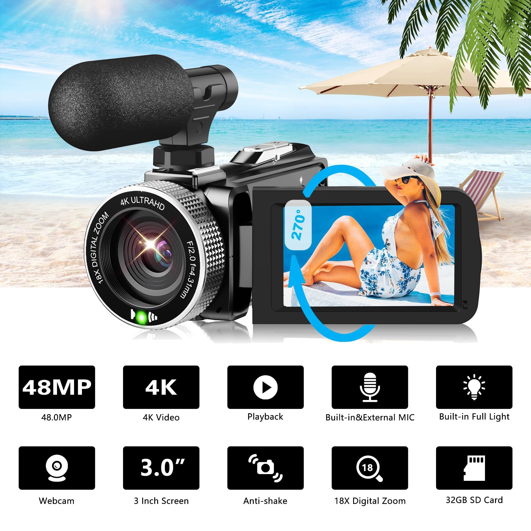 4K Video Camera, 48MP 30FPS Camcorder for Youtube, FHD1080P Video Vlogging Recorder /18X Digital Zoom /3.0'' 270°Rotation IPS Screen Camera Camcorder,with Remote / 2 Batteries
