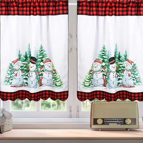 Miniatura 4 de Frienda Juego de cortinas de cocina de Navidad y cenefa, muñeco de nieve, árbol de Navidad, búfalo, cortinas de Navidad a cuadros para dormitorio,