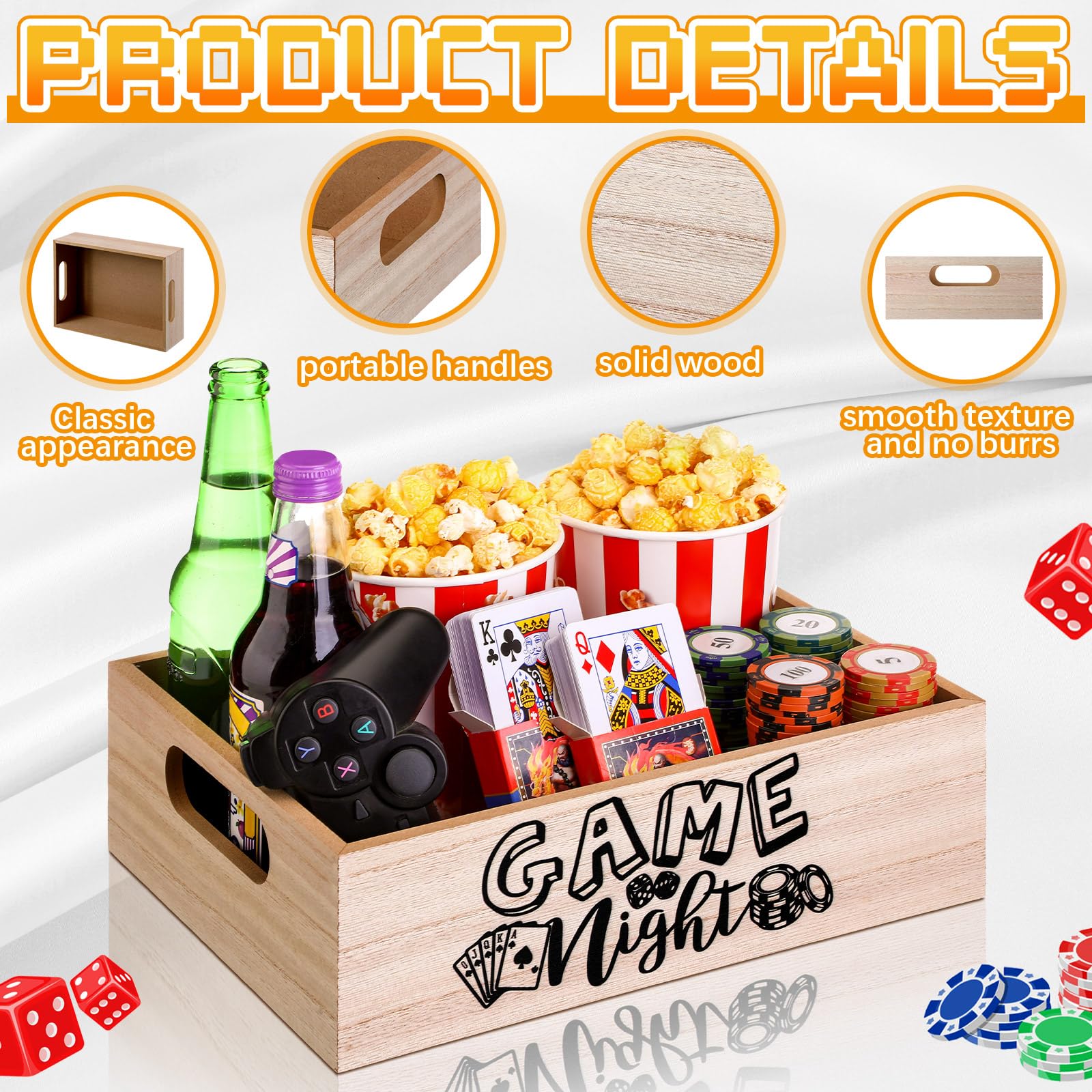 Suministros de noche de cine, bandejas de aperitivos con asas, canasta de regalo de madera reutilizable para teatro, palomitas de maíz, cuenco, contenedor, decoración de habitación familiar (noche de