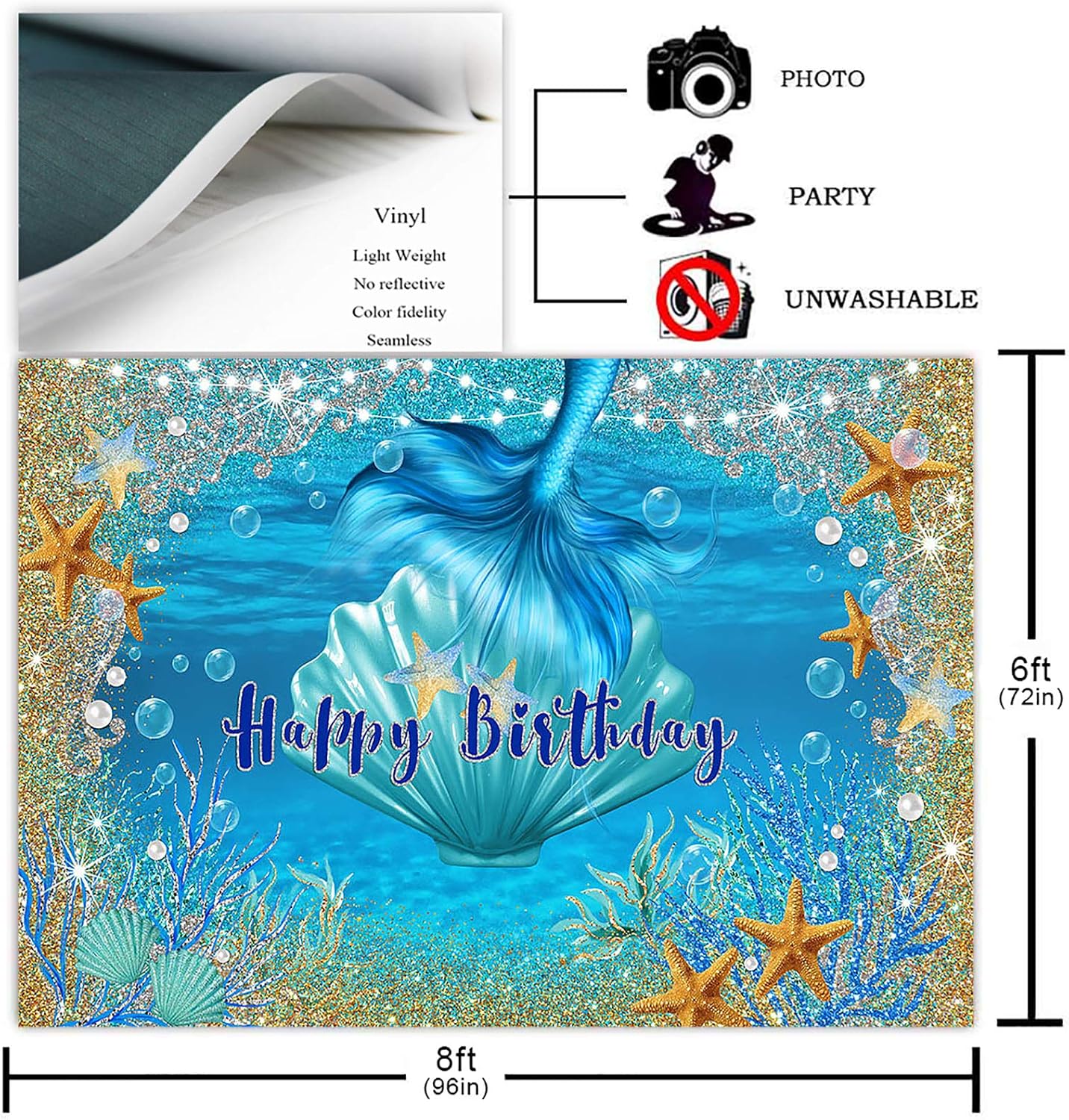 Avezano Under The Sea Backdrop for Mermaid Theme Birthday Party Photography Background Deep Blue Sea Pearl Glitter Gold Mermaid Mail Bday Party Decorations Photoshoot (8x6ft)