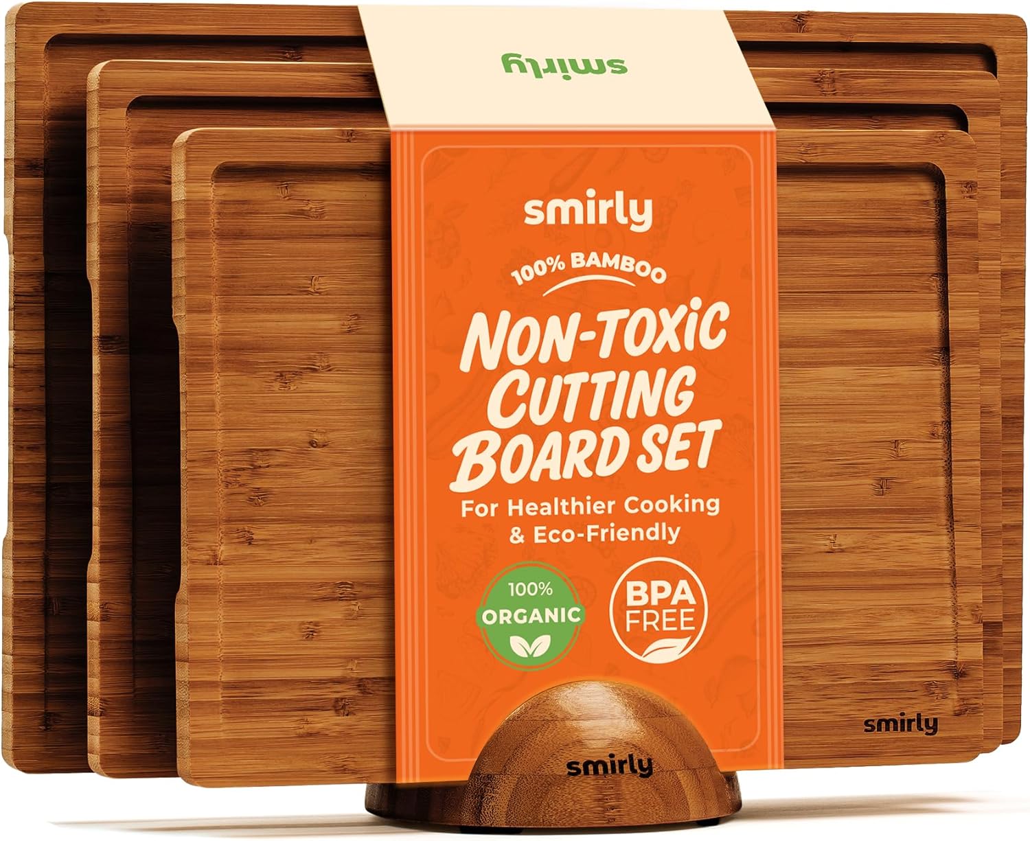 SMIRLY Wood Cutting Boards for Kitchen Wooden Chopping Board Set Reversible with Deep Juice Grooves Grip Handles, Large Charcuterie Tray, New Apartment Essentials, Carbonized Bamboo, 3Pcs with Holder 3 Pack With Holder Bamboo Brown