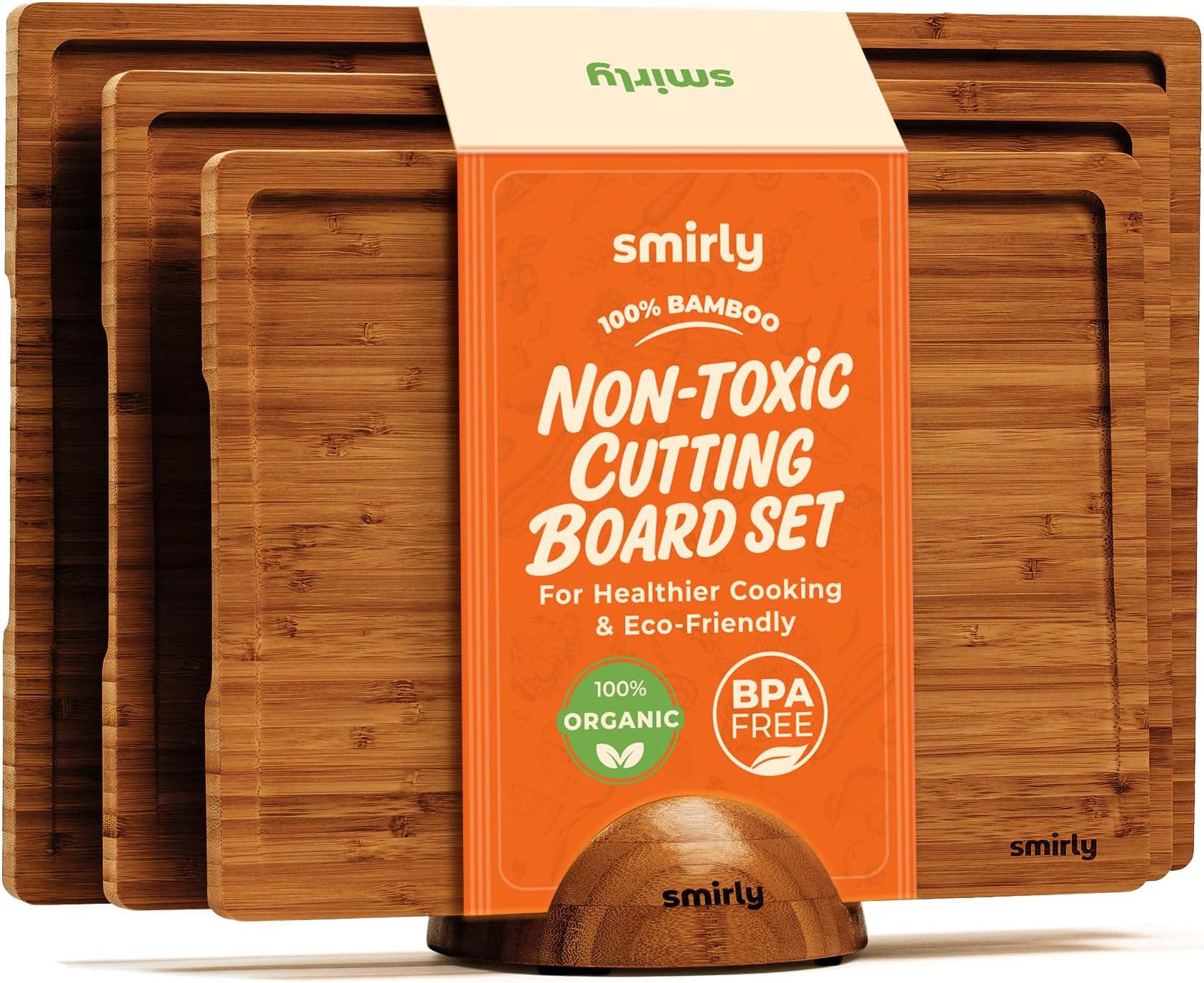 SMIRLY Wood Cutting Boards for Kitchen Wooden Chopping Board Set Reversible with Deep Juice Grooves Grip Handles, Large Charcuterie Tray, New Apartment Essentials, Carbonized Bamboo, 3Pcs with Holder