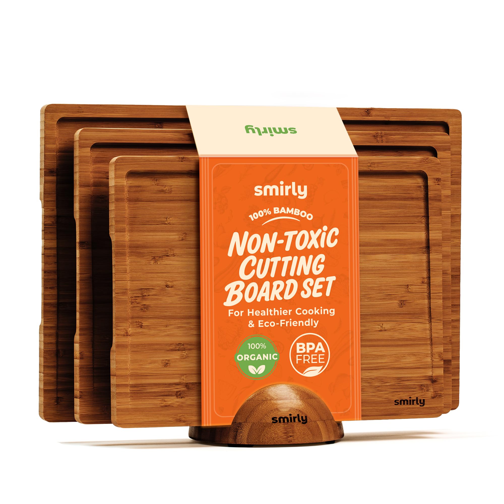 SMIRLY Wood Cutting Boards for Kitchen Wooden Chopping Board Set Reversible with Deep Juice Grooves Grip Handles, Large Charcuterie Tray, New Apartment Essentials, Carbonized Bamboo, 3Pcs with Holder