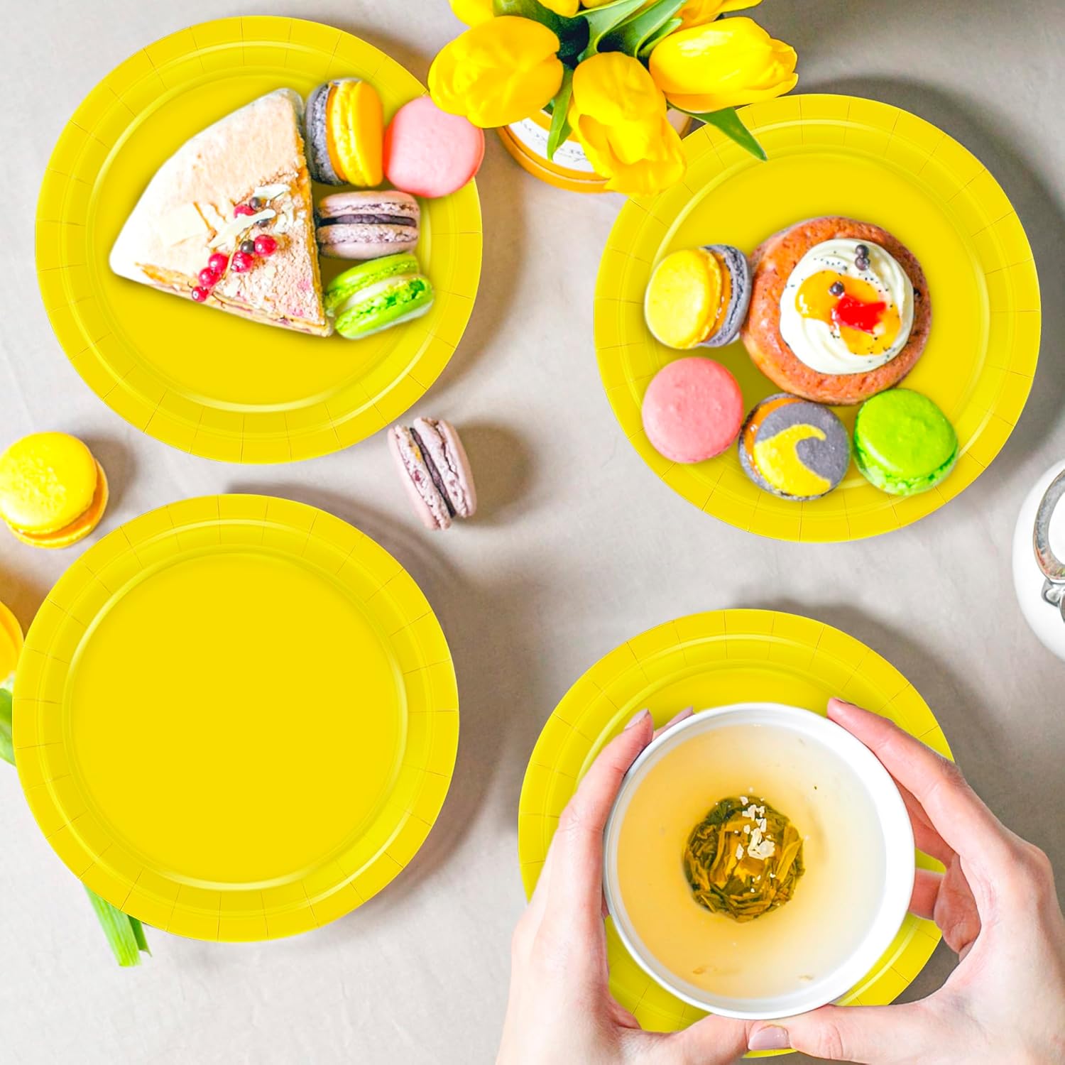 QZYL 50 Pieces Small Paper Plates, 7 Inches Yellow Dessert Dinnerware, Elegant Disposable Tableware Set, Paper Plates Heavy Duty, Party Supplies for Birthday Parties BBQs Picnics Events Gatherings - Image 9
