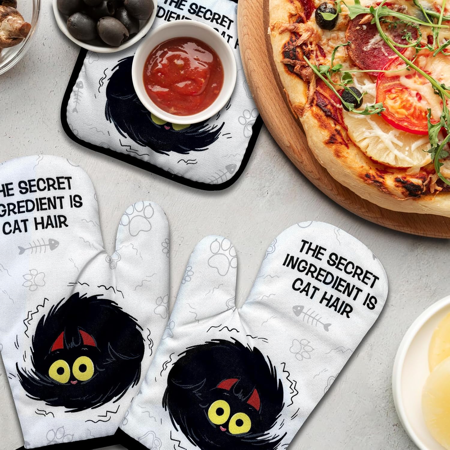 Funny Black Cat Oven Mitts and Pot Holders Set of 3, The Secret Ingredient is Cat Hair, Heat Resistant Non-Slip Kitchen Mitts Hot Pads, Sweet Housewarming Gifts for Hostess Baker Friend - Image 5